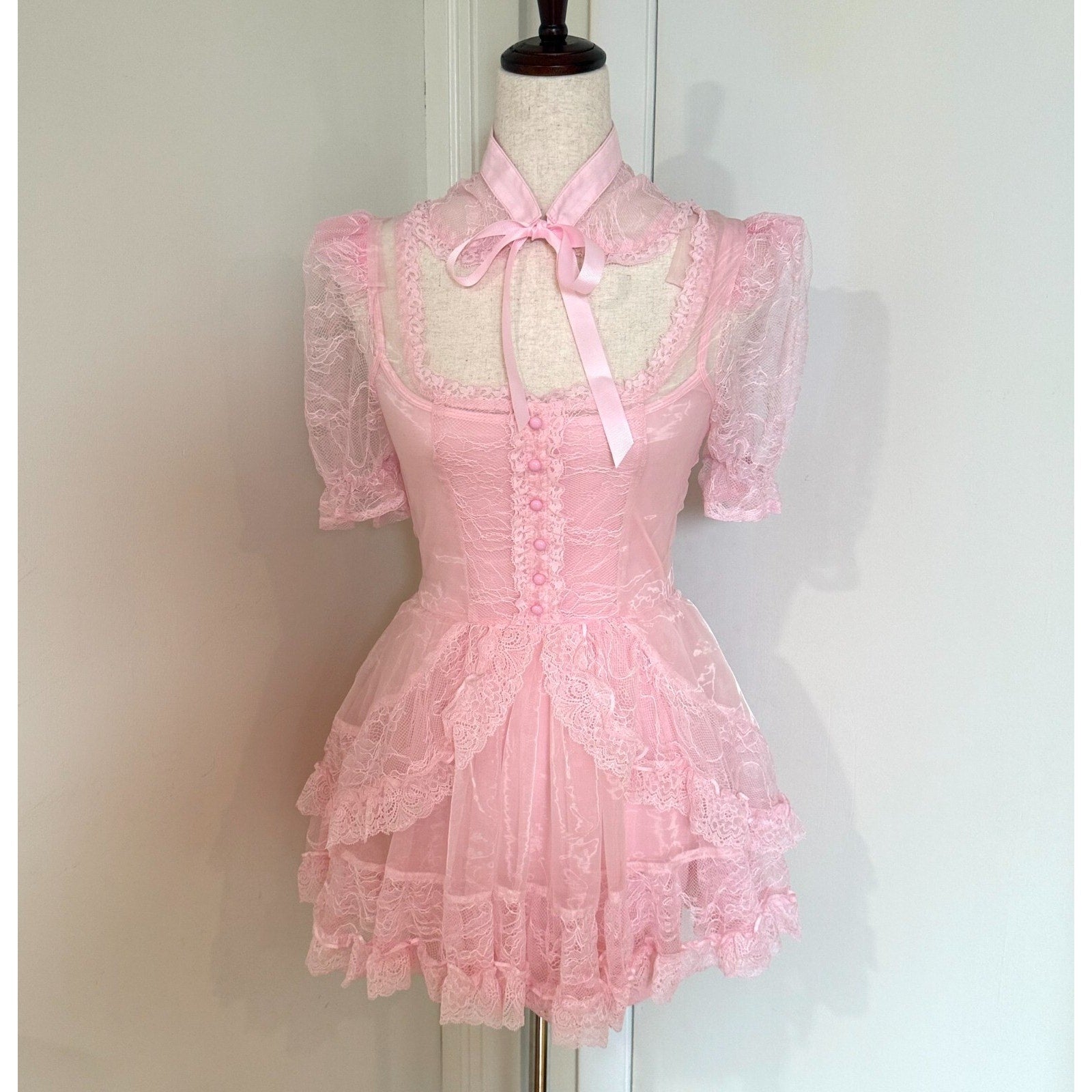 Dolls Kill Beguiling Princess Pink Organza & Lace Whimsigoth Dollcore Dress