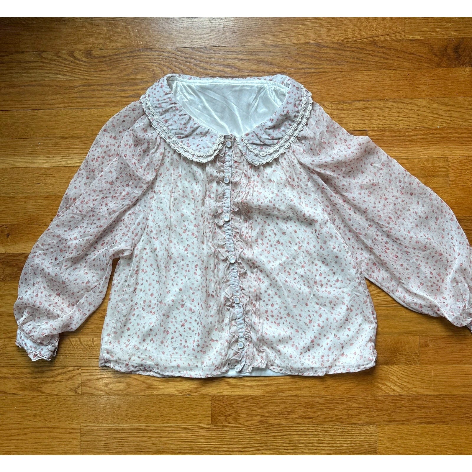 Whimsigoth Victorian J-fashion Lolita Jirai Ivory Pink Rose Wide Collar Shirt M