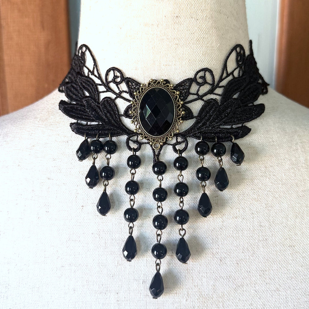 Gothic Victorian Vampire Whimsigoth Vkei Black Lace Teardrop Choker Necklace