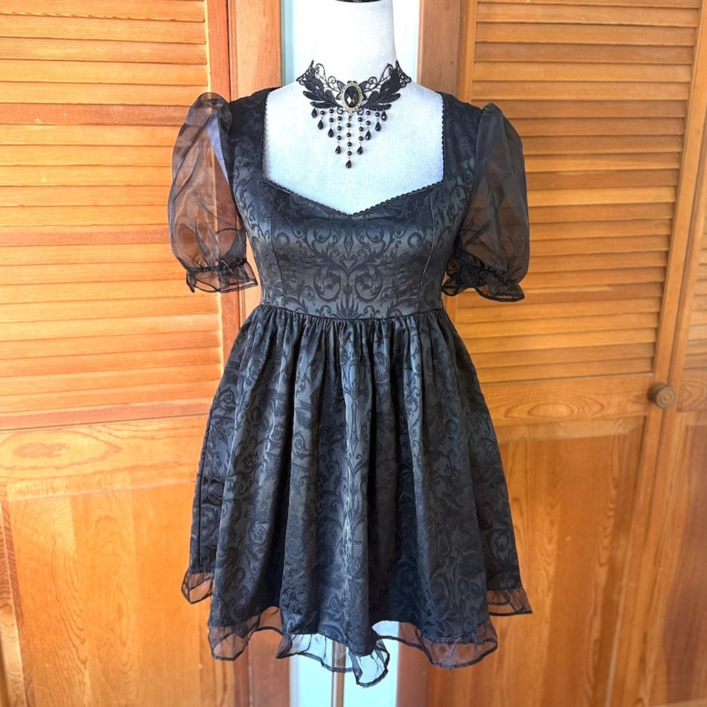 Dolls Kill Gothic Lolita Victorian Dark Bidding Black Brocade Mini Dress
