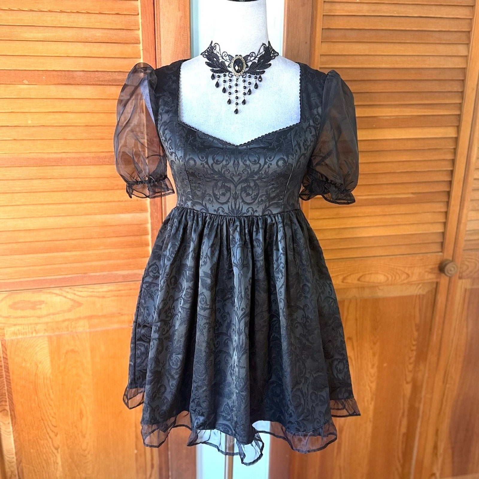 Dolls Kill Gothic Lolita Victorian Dark Bidding Black Brocade Mini Dress