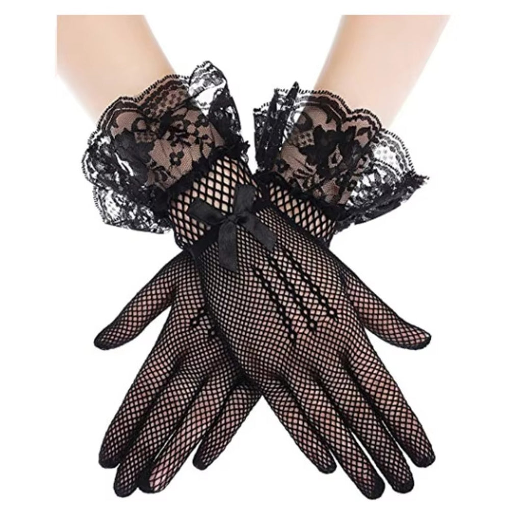 Gothic Victorian Lolita EGL Lolita Vampire Black Fishnet Lace & Bow Gloves