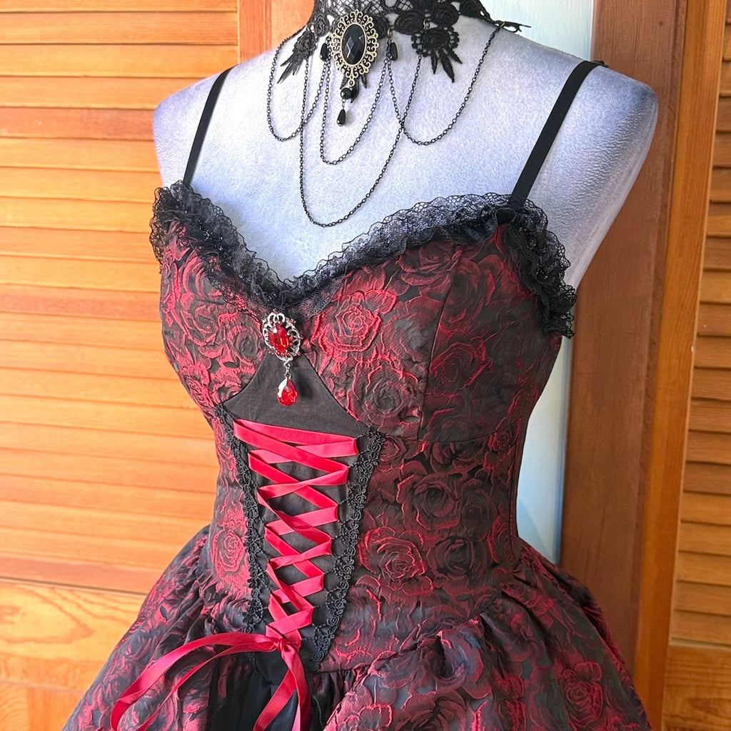 Gothic Victorian Vampire EGL Dark Fairycore Blood Roses Mini Dress + Petticoat