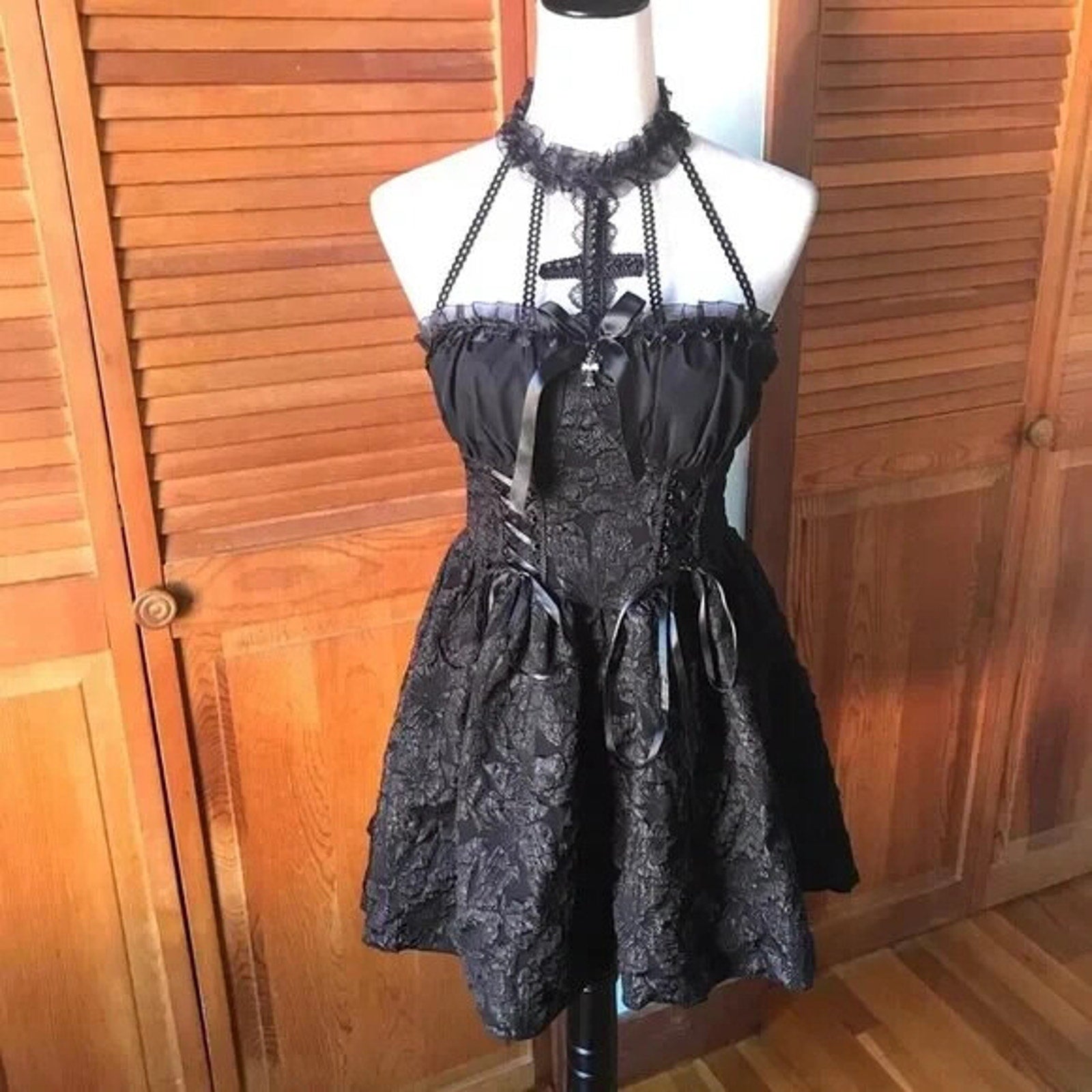 Gothic Lolita EGL Dark Fairycore Visual Kei Black Cross Lace Choker Mini Dress