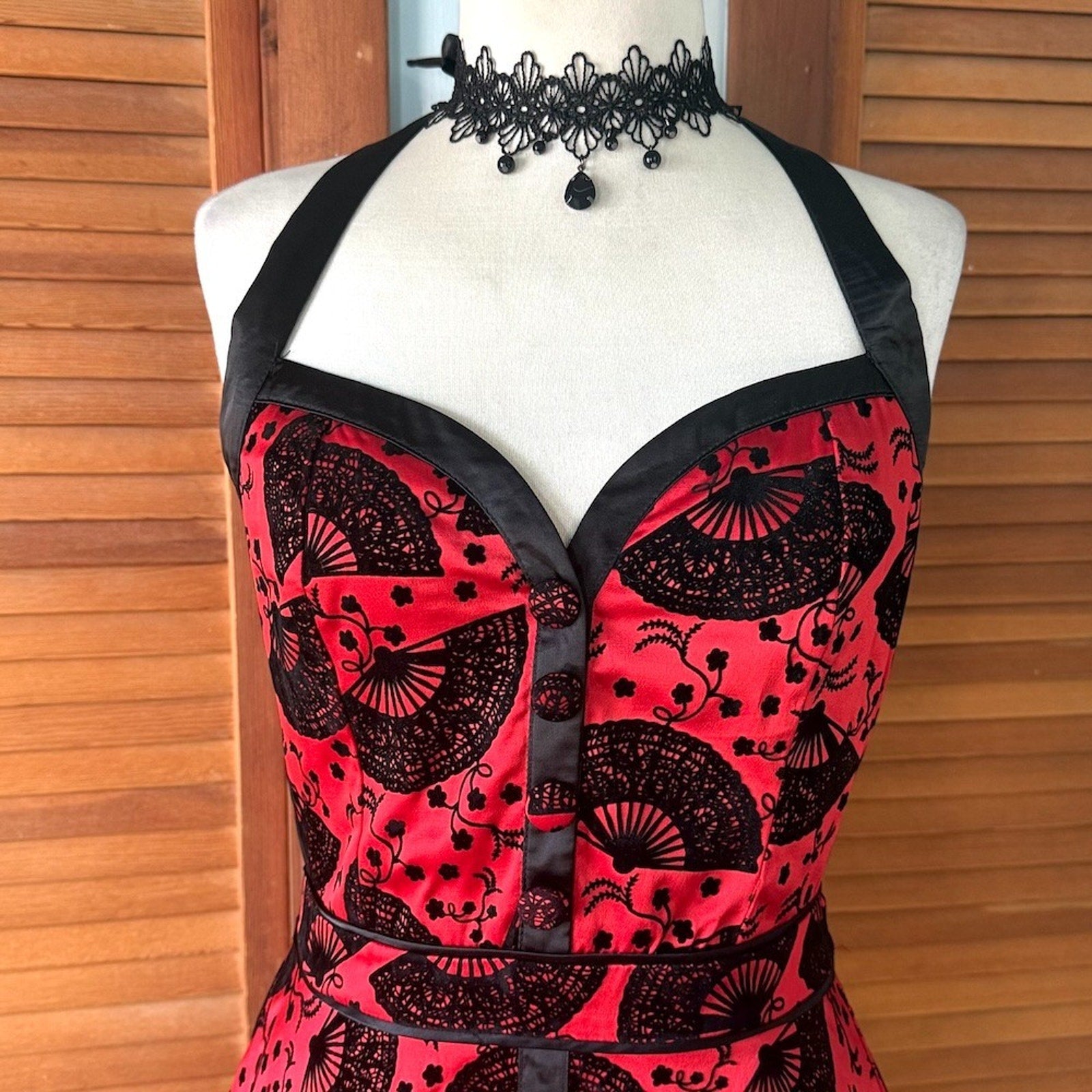 Voodoo Vixen Goth Punk Retro Vampire Red Black Fan Halter Tie Neck Dress M