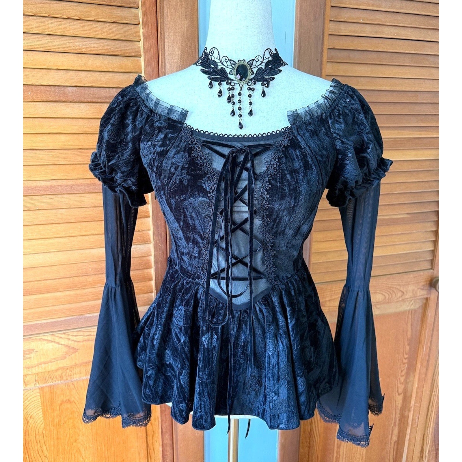 Devil Fashion Gothic Victorian Vampire Black Velvet Rose Princess Peplum Top XS