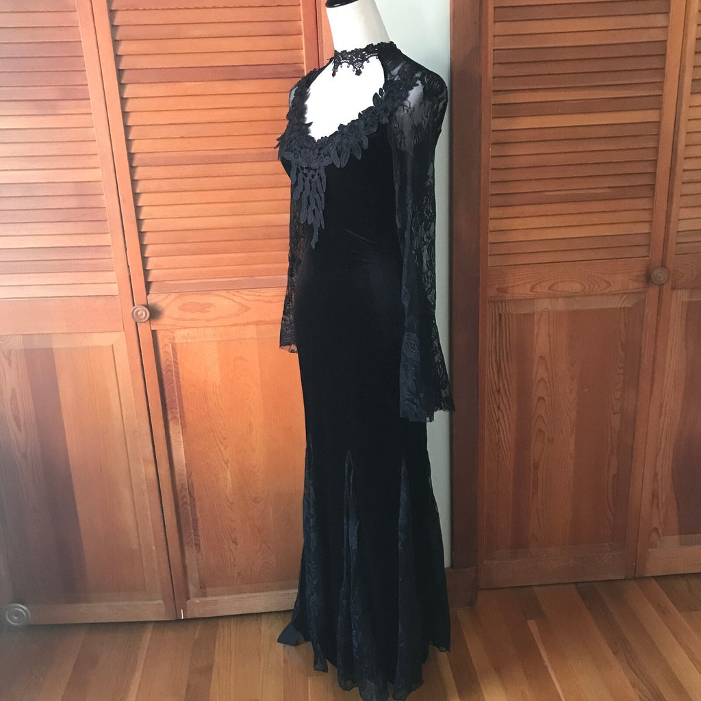 Gothic Victorian Flowers of Evil Black Velvet & Lace Morticia Gown Dress