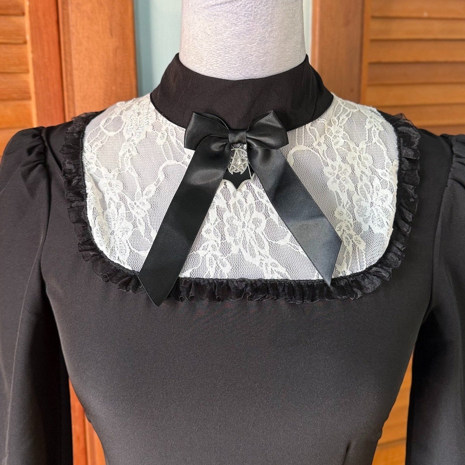 Dolls Kill Gothic Lolita Wednesday Addams Pentagram Bat White Lace Bow Dress S