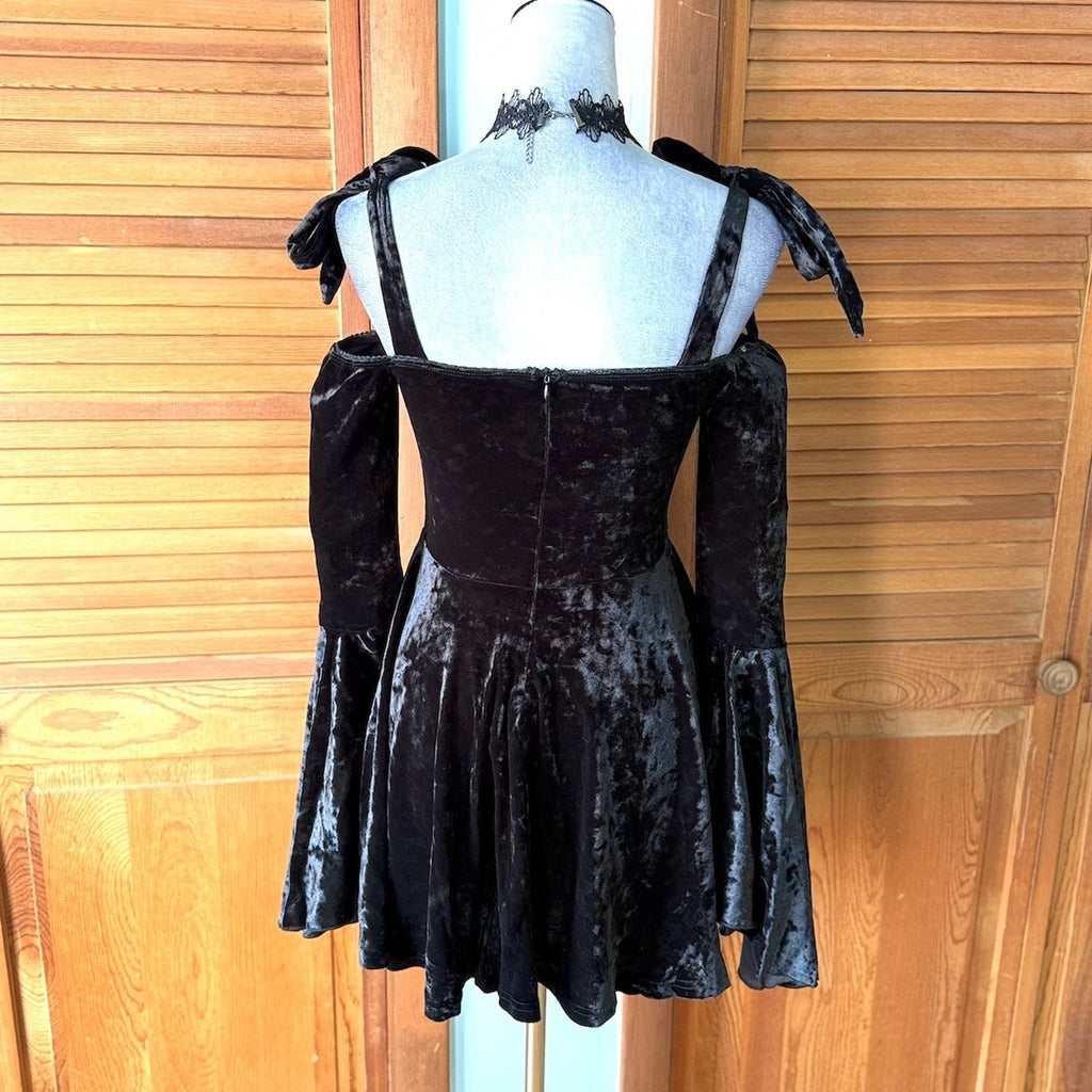 Doll Kill Gothic Dark Fairycore Black Velvet Tie Shoulder Mini Dress