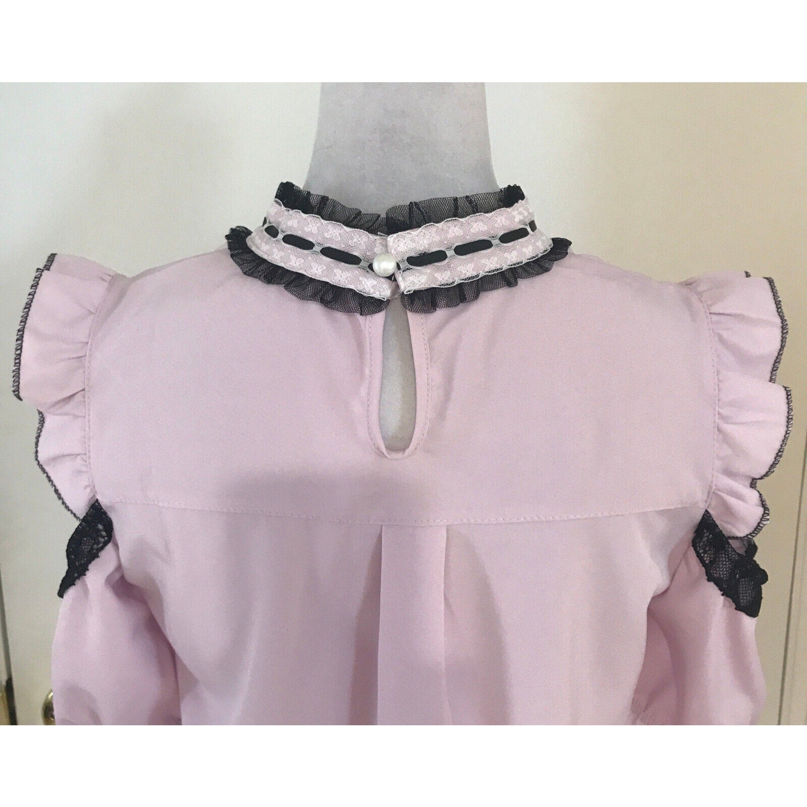 Lolita Victorian J-fashion Jirai Kei Pink Black Bows Open Shoulder Blouse Top L