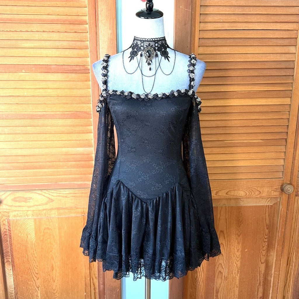Dolls Kill Black & Gray Rose Trim Dark Fairycore Black Lace Mini Dress