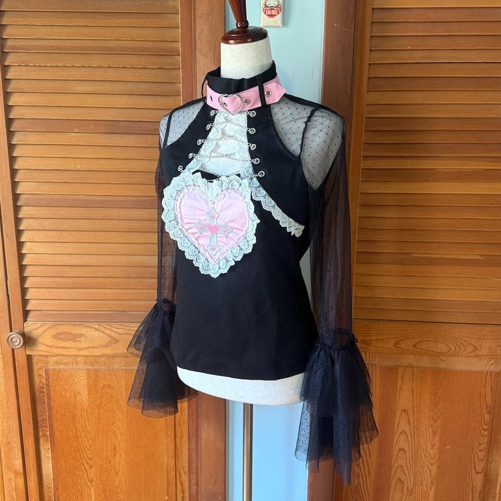 J-fashion ACDC Rag EGL Punk Gyaru Harajuku Goth Black Pink Heart Chain Top S-M