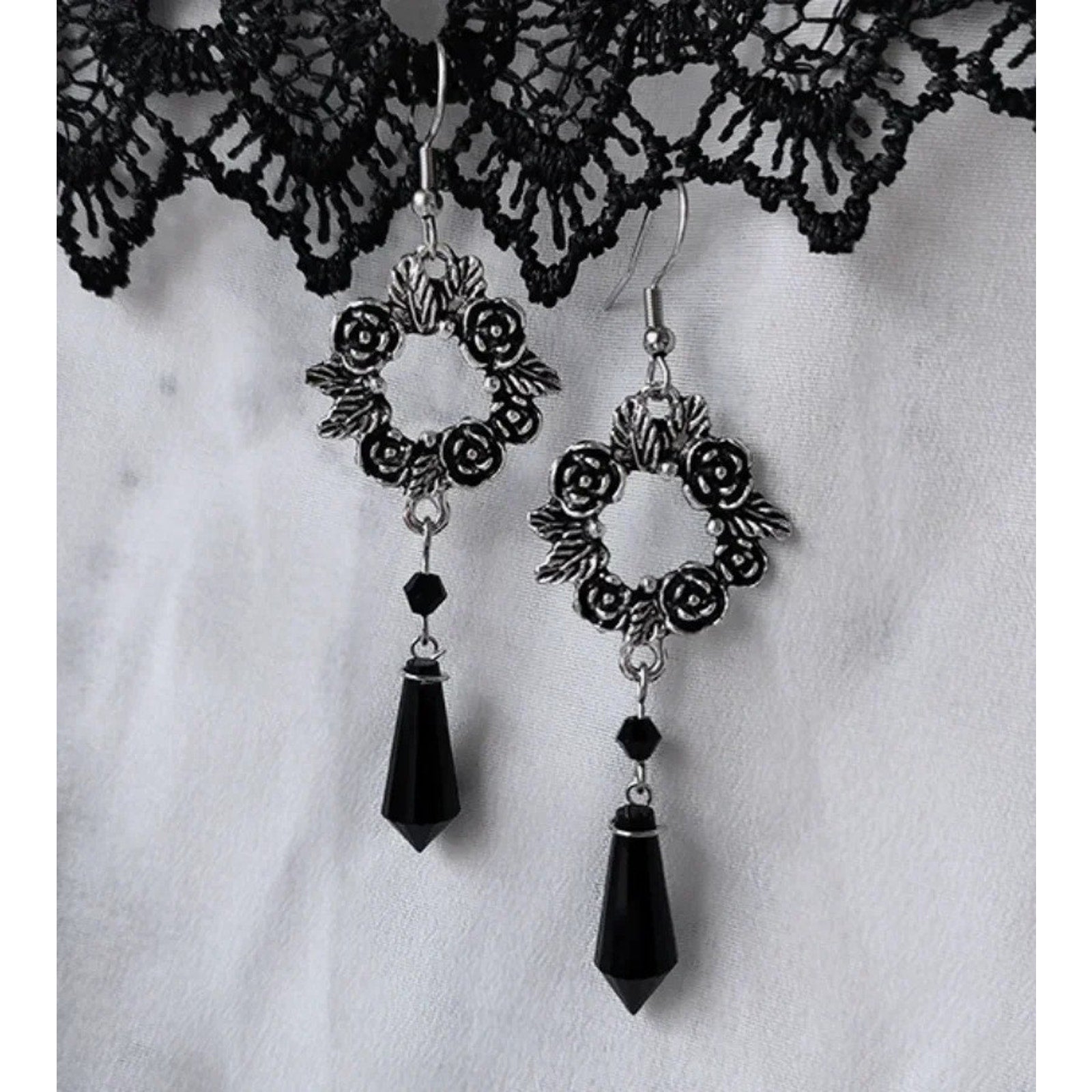 Gothic Victorian Vampire Witchcore EGL Black & Silver Large Rose Circle Earrings
