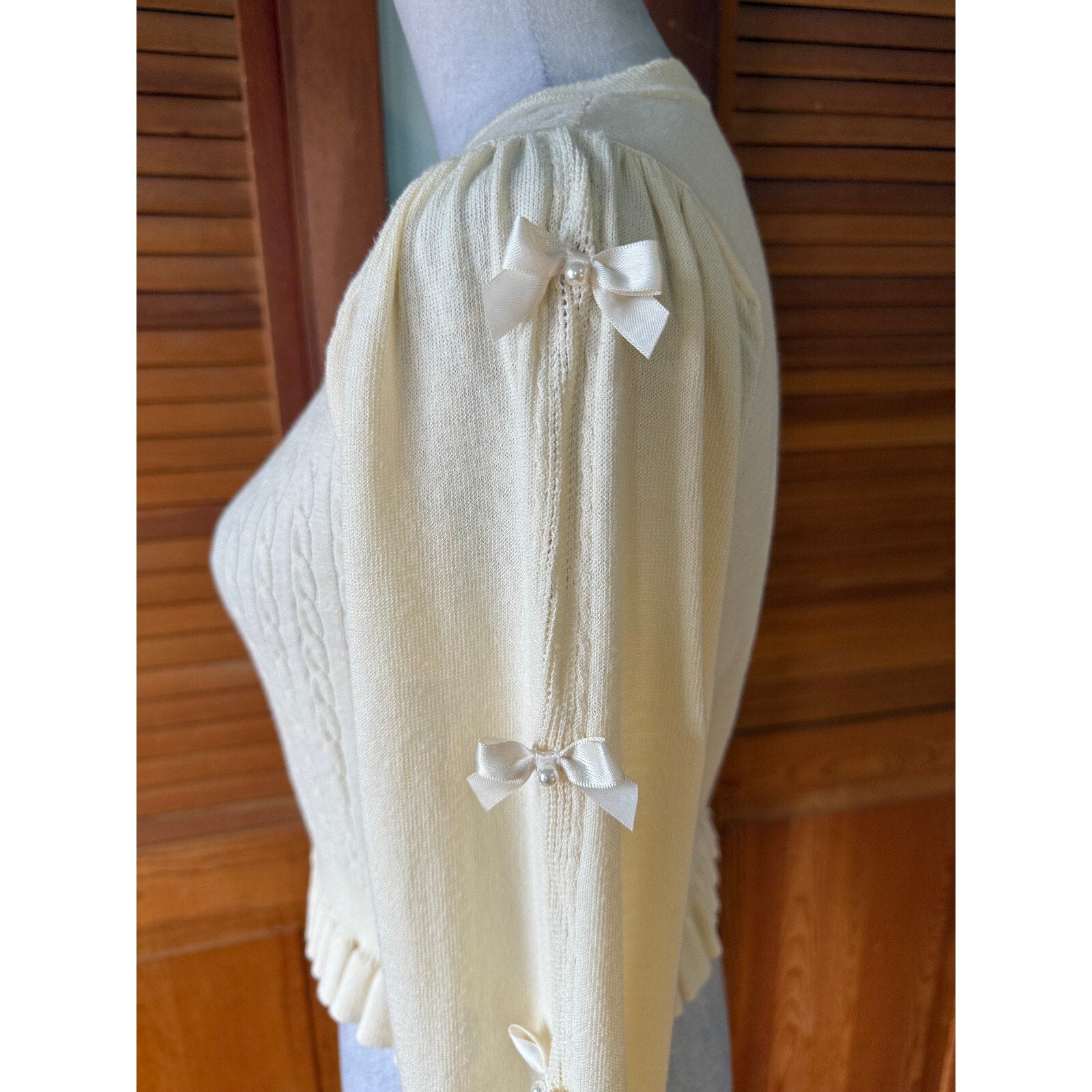 Axes Femme Jfashion Kawaii Cottage Ivory Textured Bow Sleeve Cardigan Sweater M