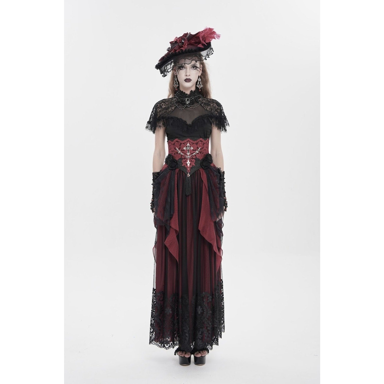 Devil Fashion Gothic Victorian Vampire Red Black Rose Cross Cincher Overskirt