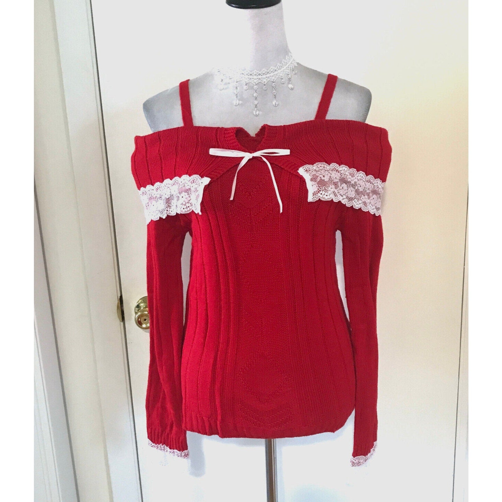 Victorian Lolita Kawaii J-fashion Red Fold-Over White Lace Sweater S