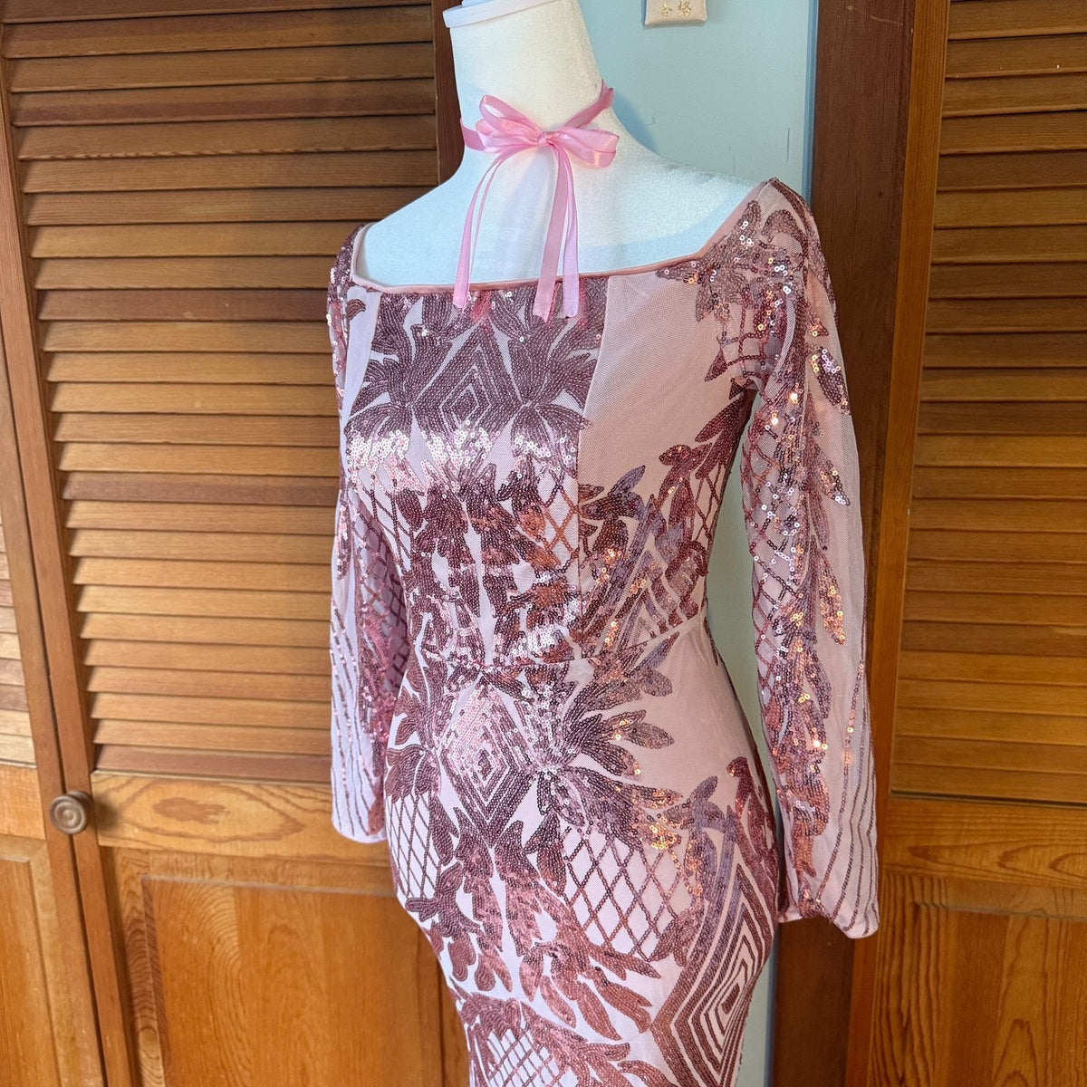 Pink Sequins Fairycore Mermaidcore Disco Diva Bodycon 1930s 1970s Dress Gown XS