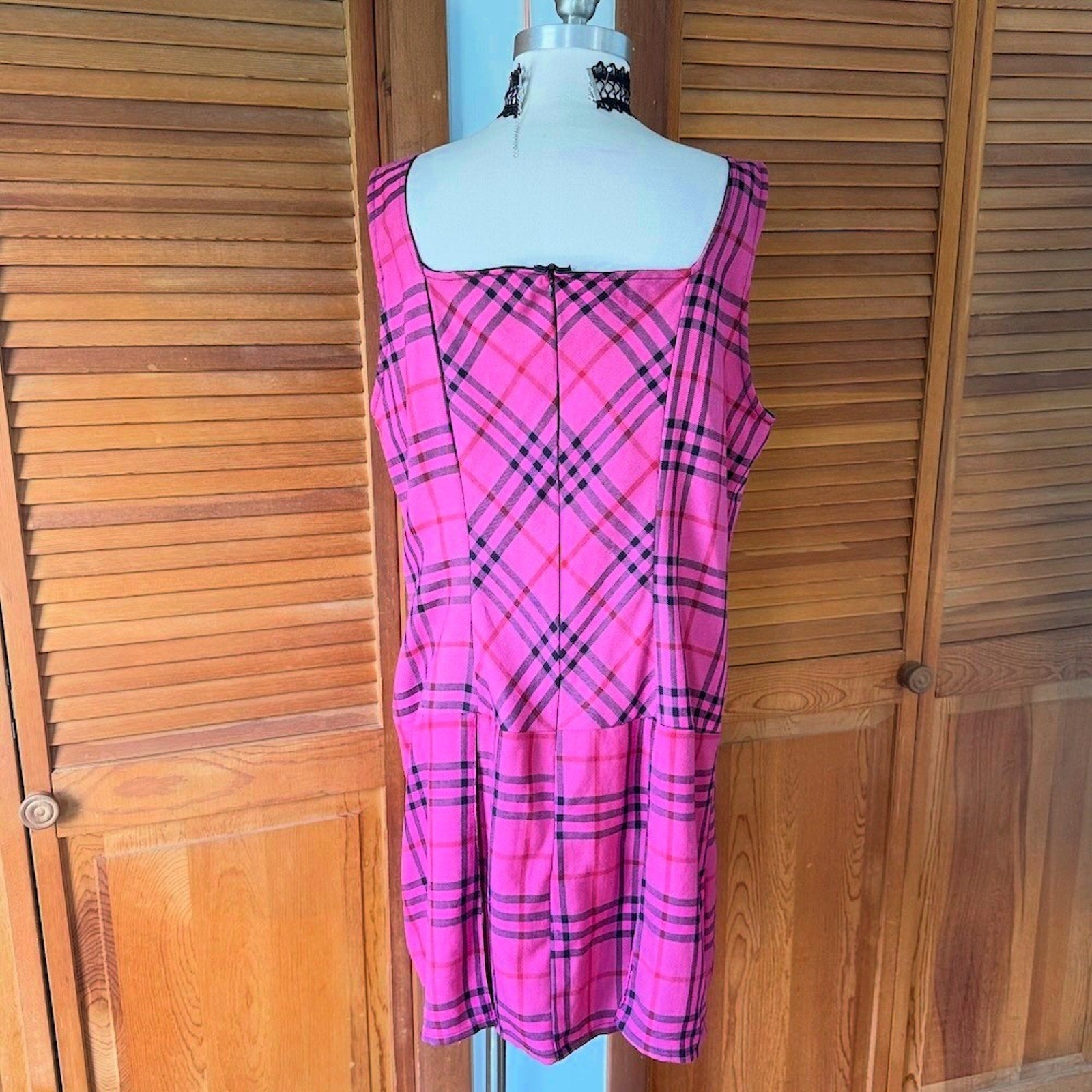 Vintage Lip Service Punk Goth Pink Plaid Lace-Up Hooks Dress Size 16