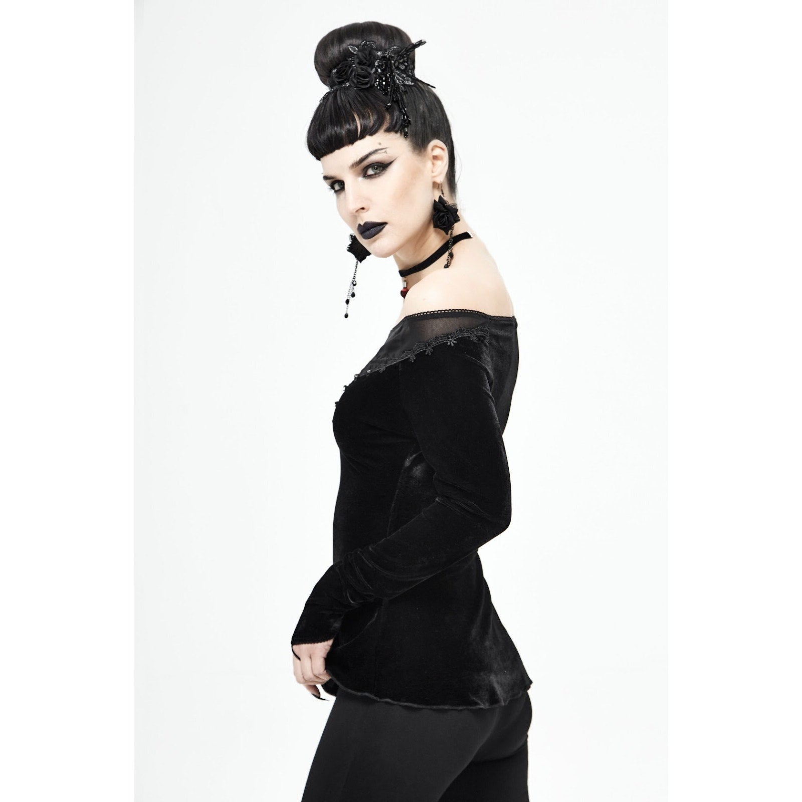 Devil Fashion Gothic Victorian Black Velvet Rose Diva Long Sleeve Top