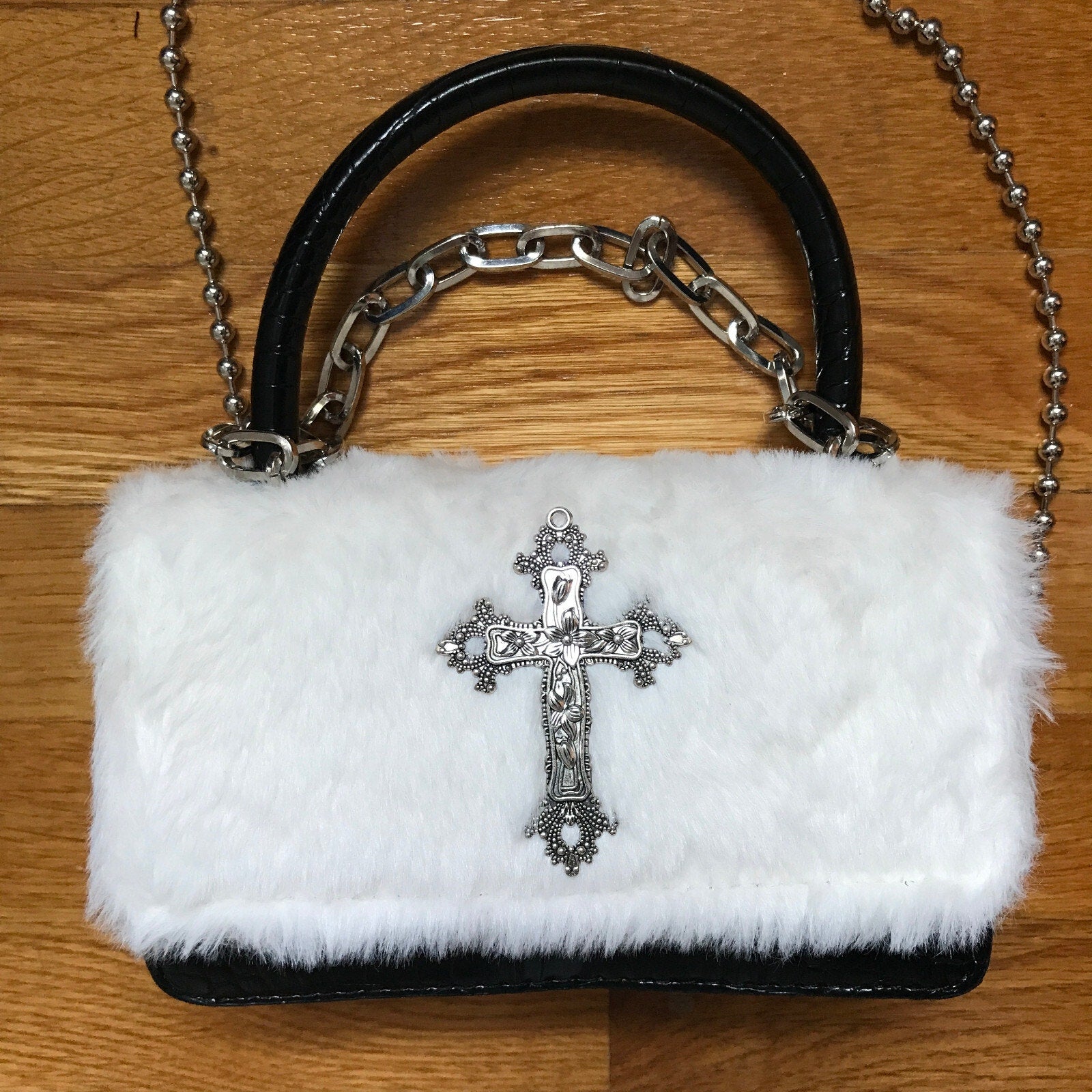 Gothic Punk Victorian Vkei Faux Fur Black Faux Leather Cross Chain Purse Bag