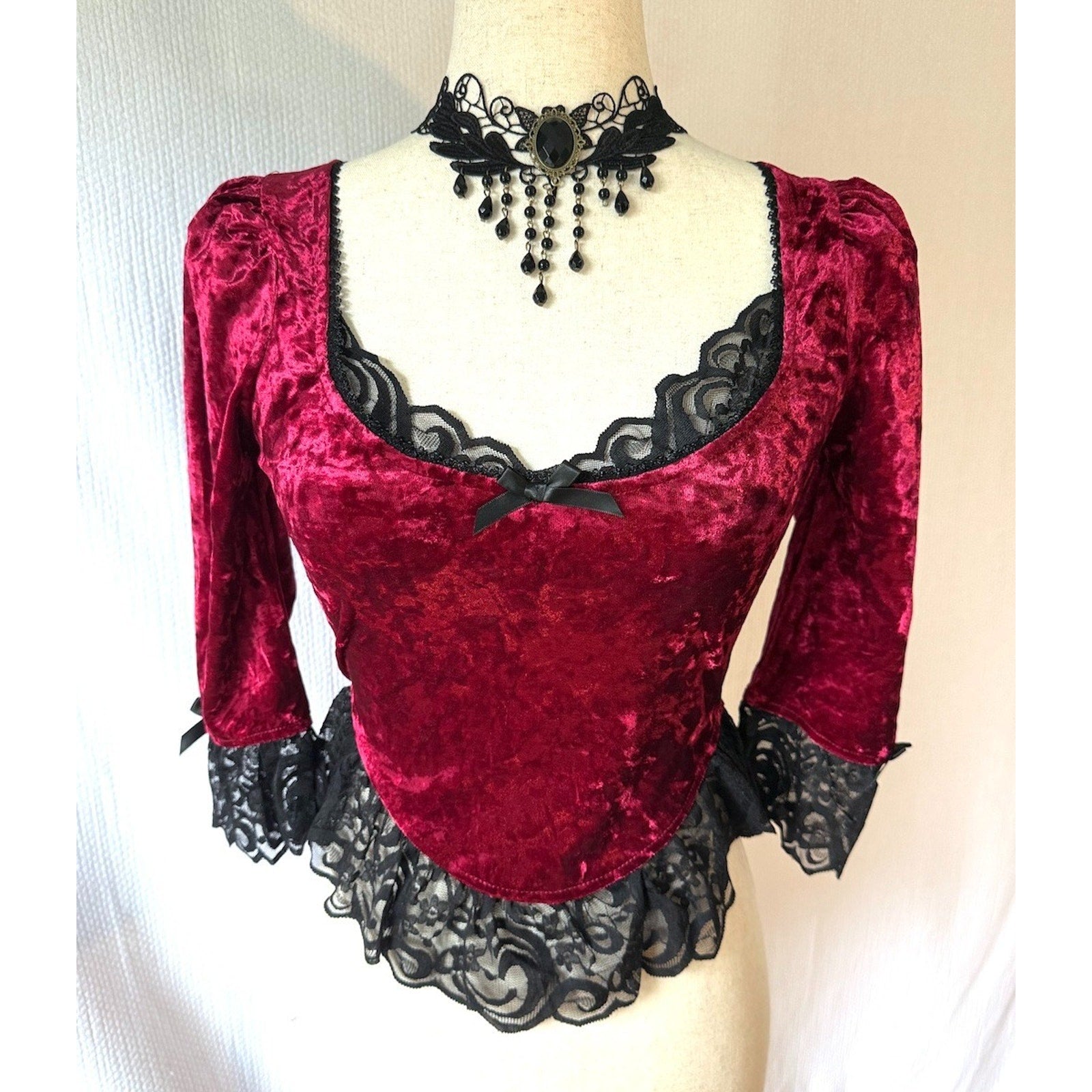 Dolls Kill Widow Vampire Gothic Victorian Blood Red Velvet & Black Lace Top