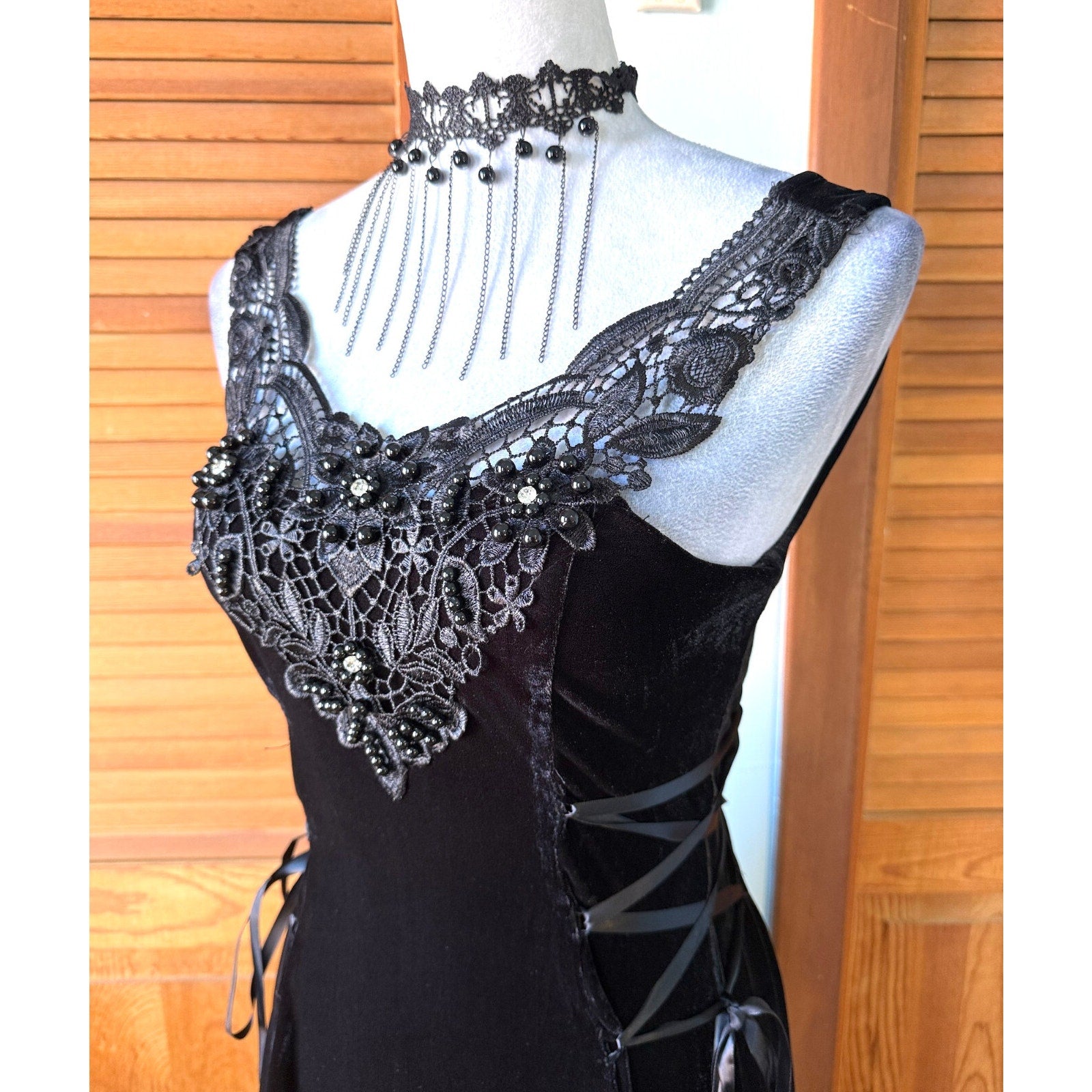 Devil Fashion Gothic Victorian Dark Fairy Beaded Lace-Up Sides Mini Dress