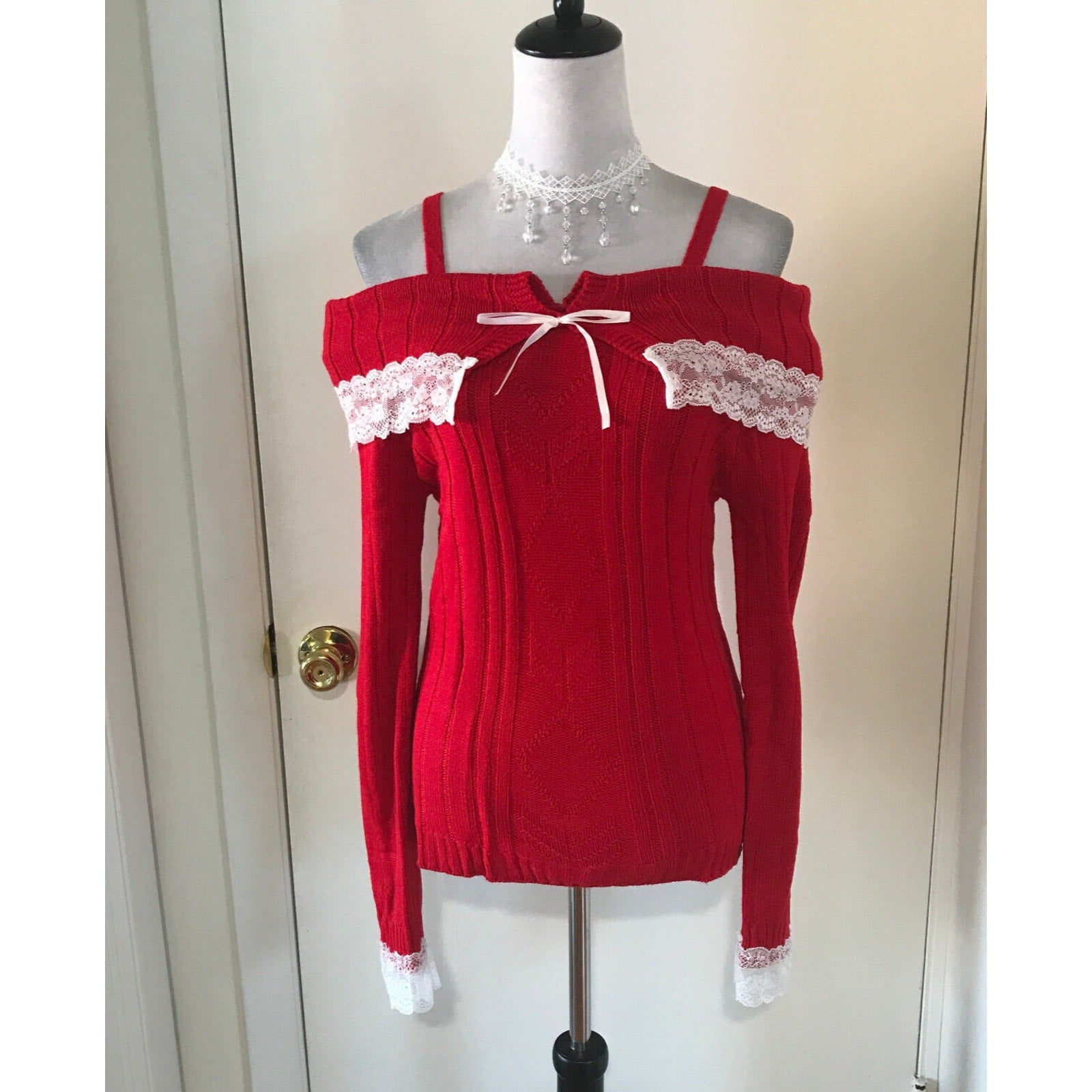 Victorian Lolita Kawaii J-fashion Red Fold-Over White Lace Sweater S
