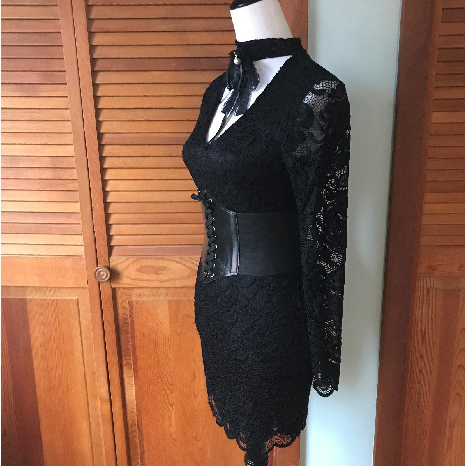 Gothic Victorian Black Lace Revamped Mini Dress w/ Cincher Belt S