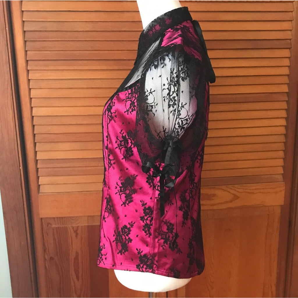 Vintage Lip Service Gothic Victorian Y2K Coquette Fuchsia Black Lace Top XL