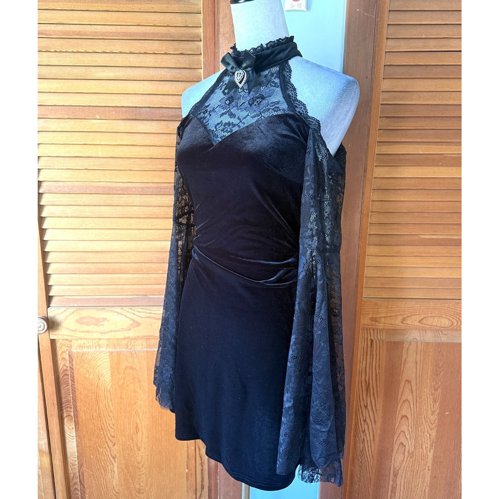 Gothic Lolita Victorian I Heart Thee Black Velvet & Lace Mini Dress