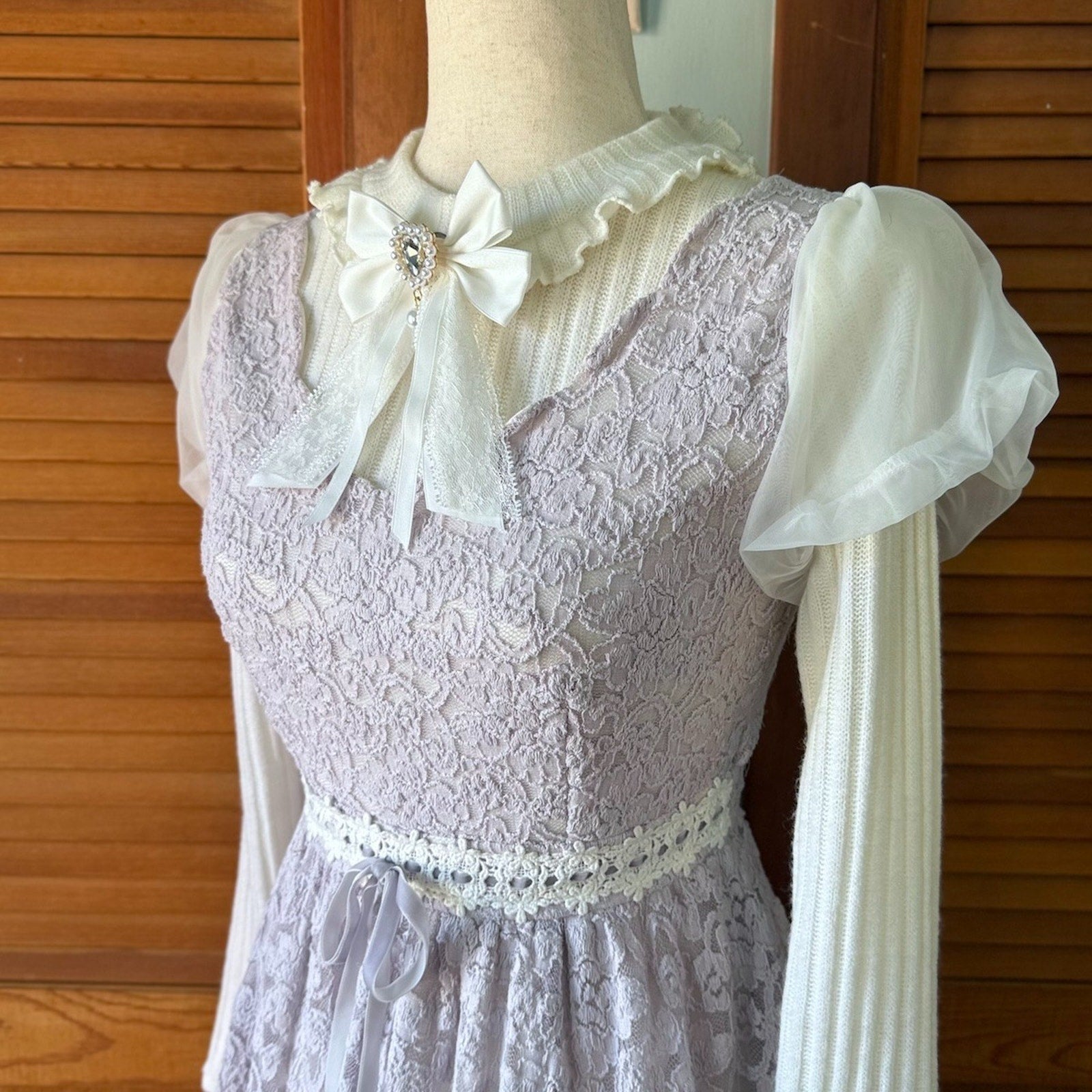 Liz Lisa J-Fashion Jirai Kei Gyaru Dollcore Lilac Lace Ivory Bow Sweater Dress S