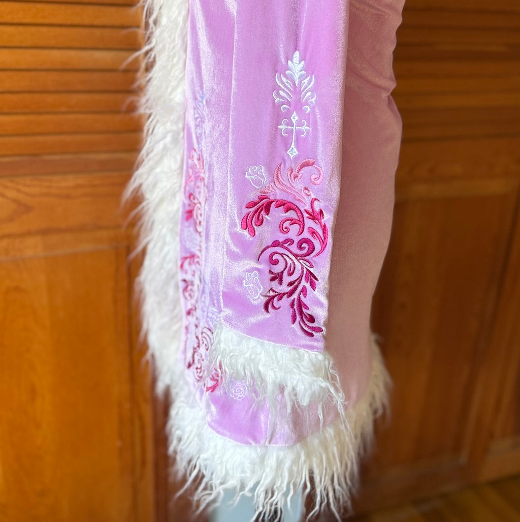 Dolls Kill Whimsigoth Victorian Dollcore Embroidered Pink Faux Fur Trim Jacket