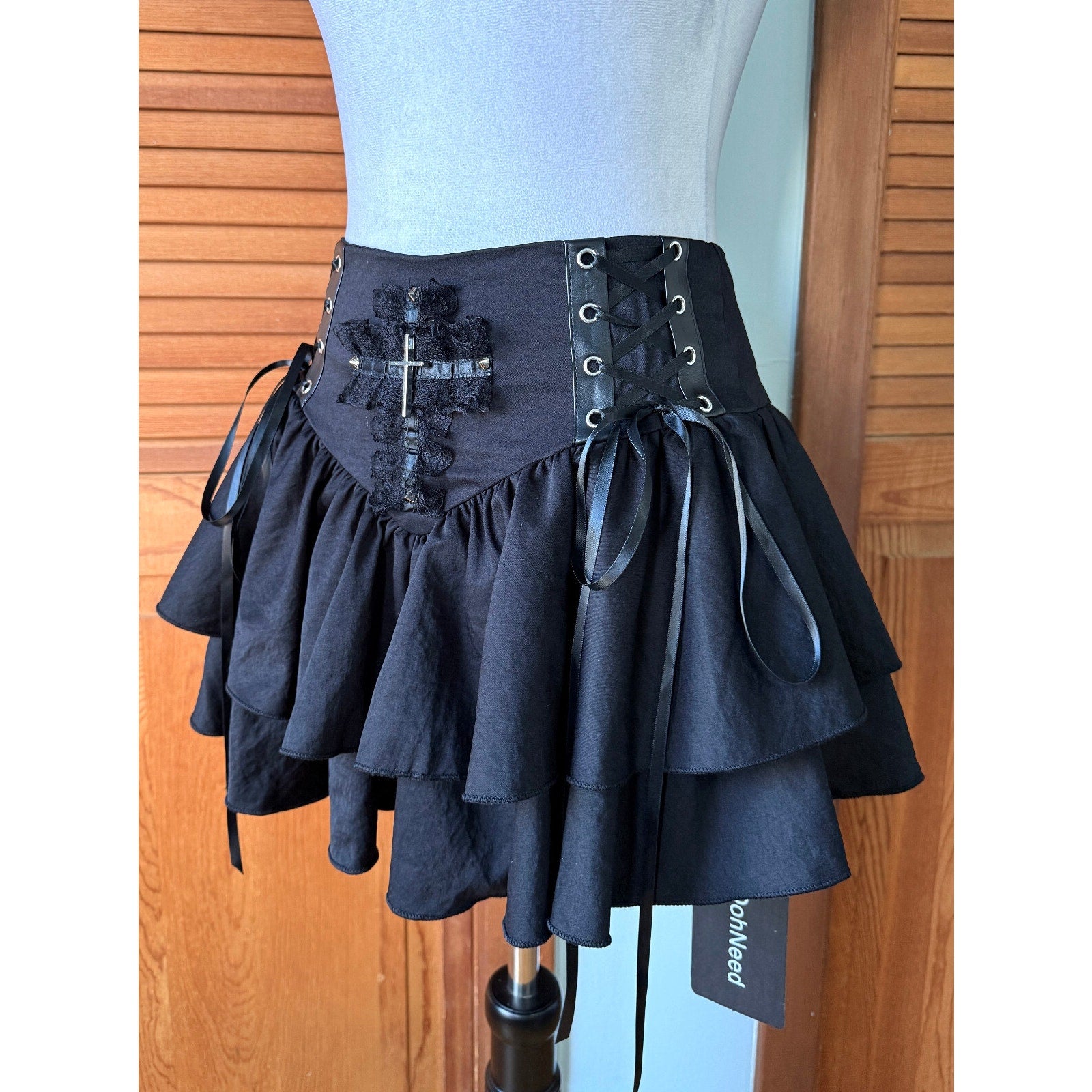 Punk Goth Lolita Harajuku Black Cross Lace-up Sides Ruffle Mini Skirt