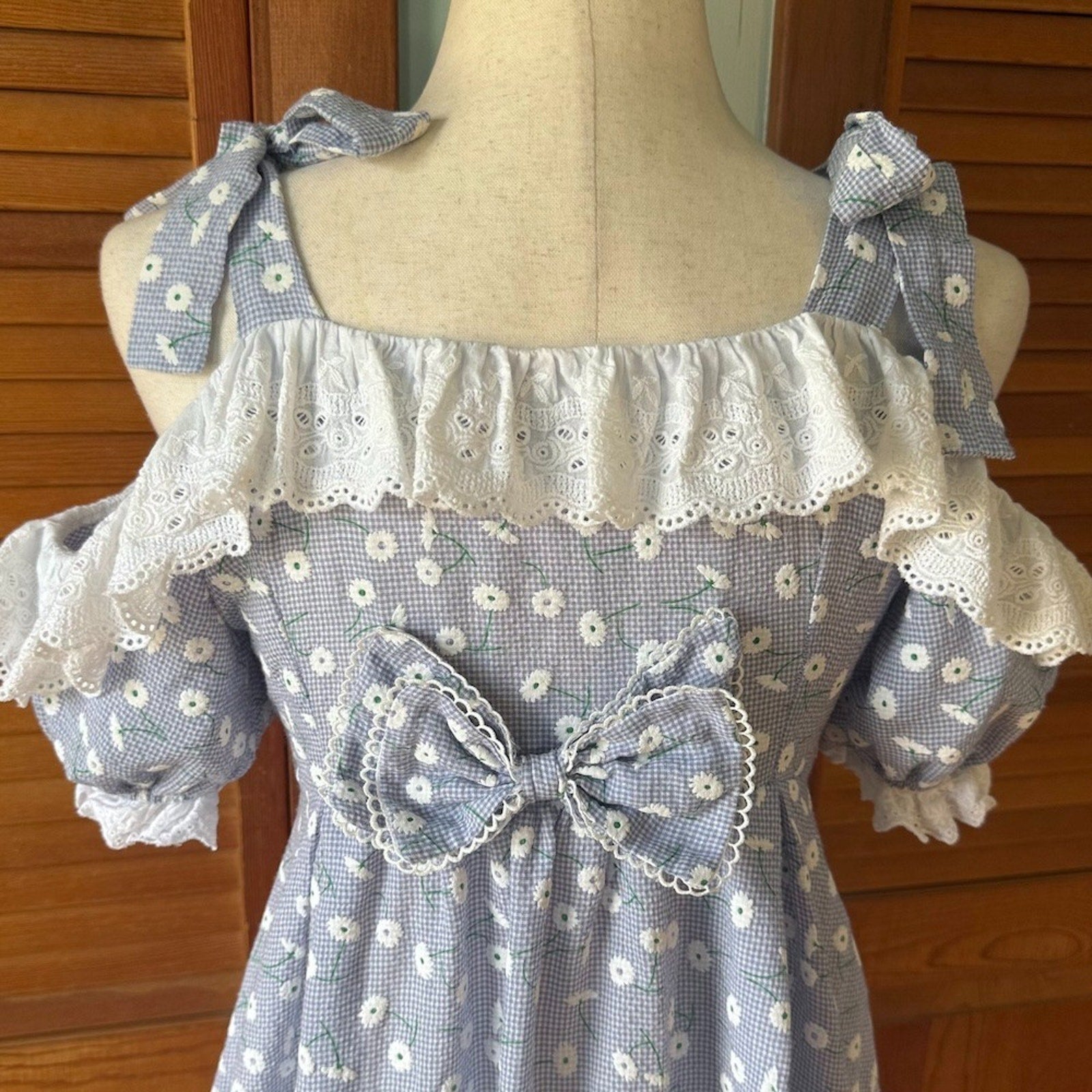 J-fashion Kawaii Lolita Cottagecore Blue White Daisy Bow Dolly Summer Dress S