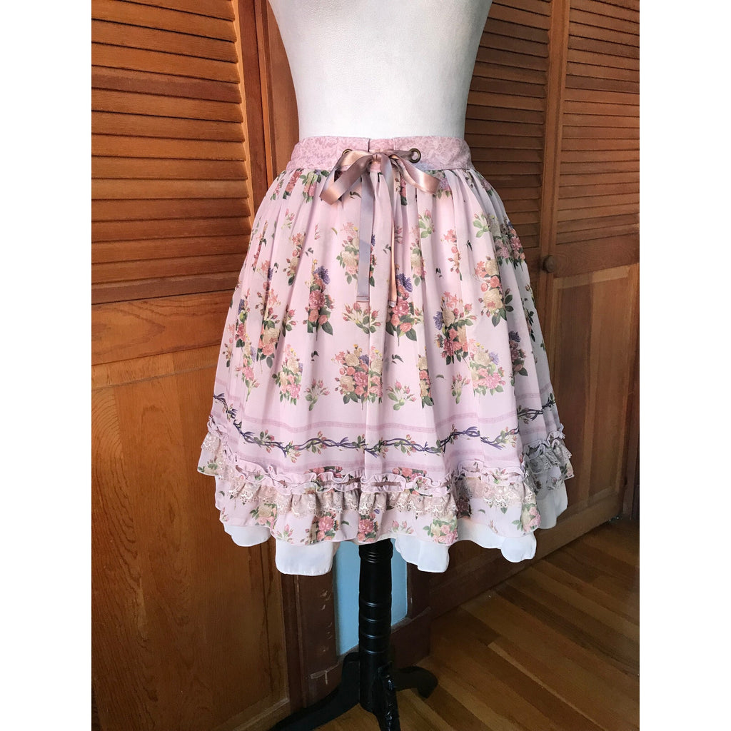 Axes Femme Lolita Victorian Kawaii Dollcore Pink Flowers & Ruffles Skirt M