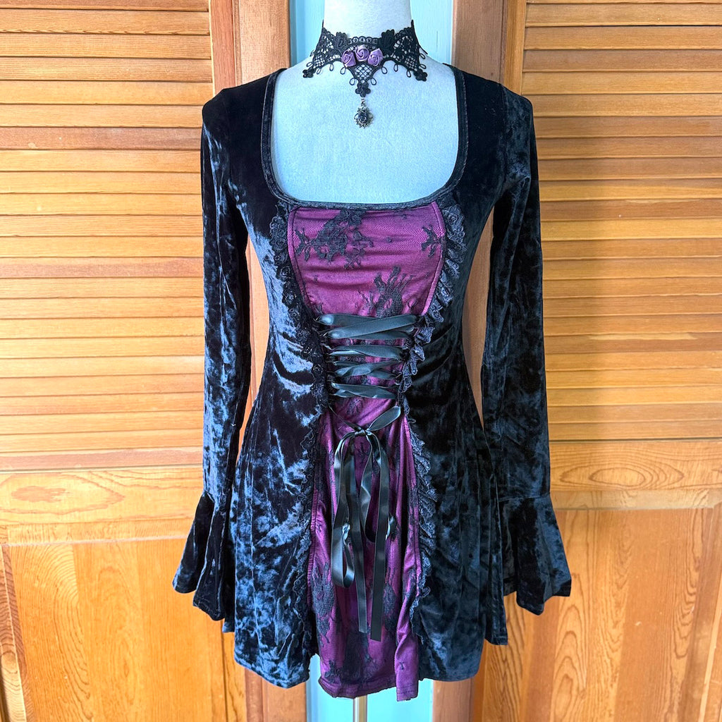 Gothic Victorian Dolls Kill Maroon Moon Black Velvet Mini Dress