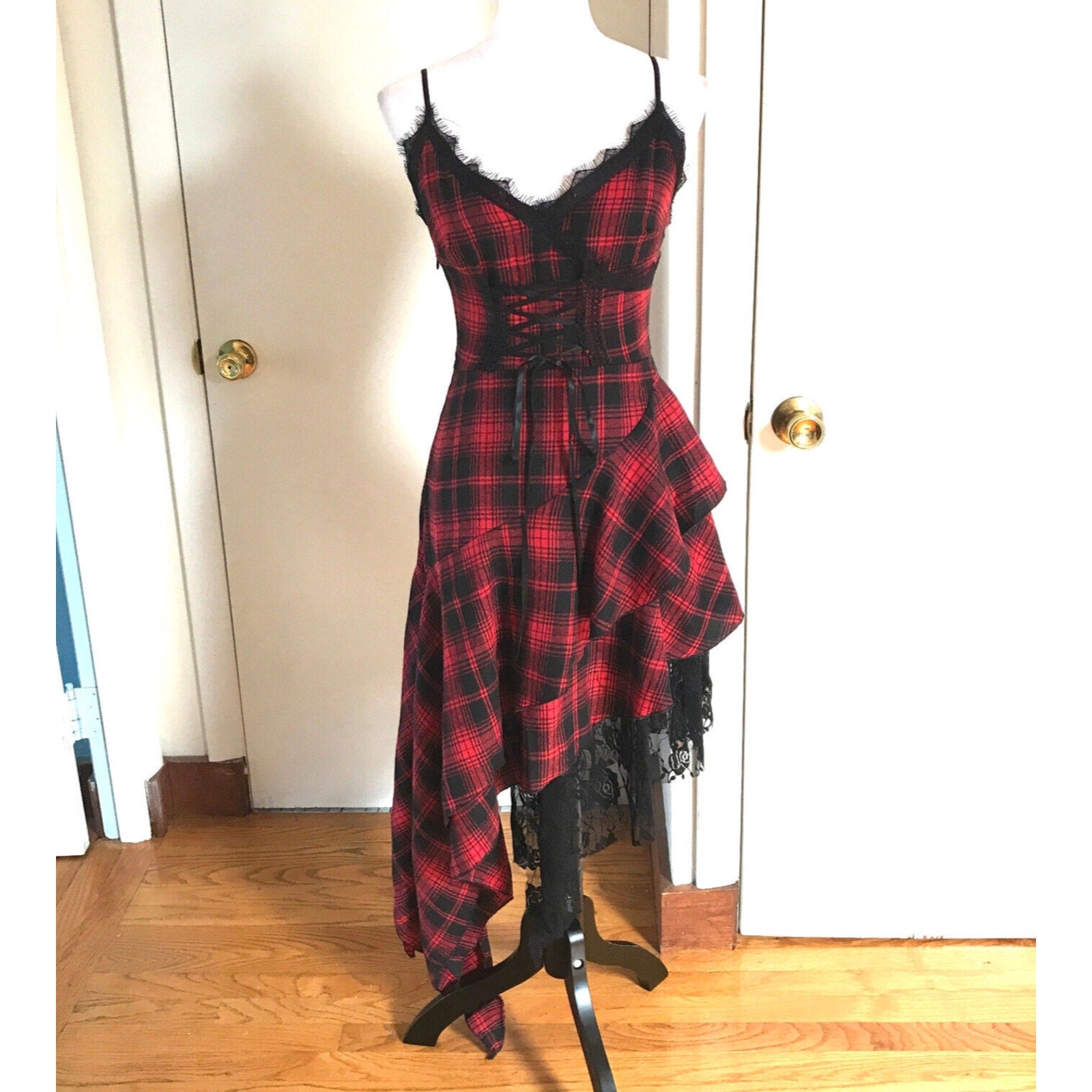 Punk Goth Visual Kei Red & Black Plaid Tartan Asymmetrical Hem Dress S
