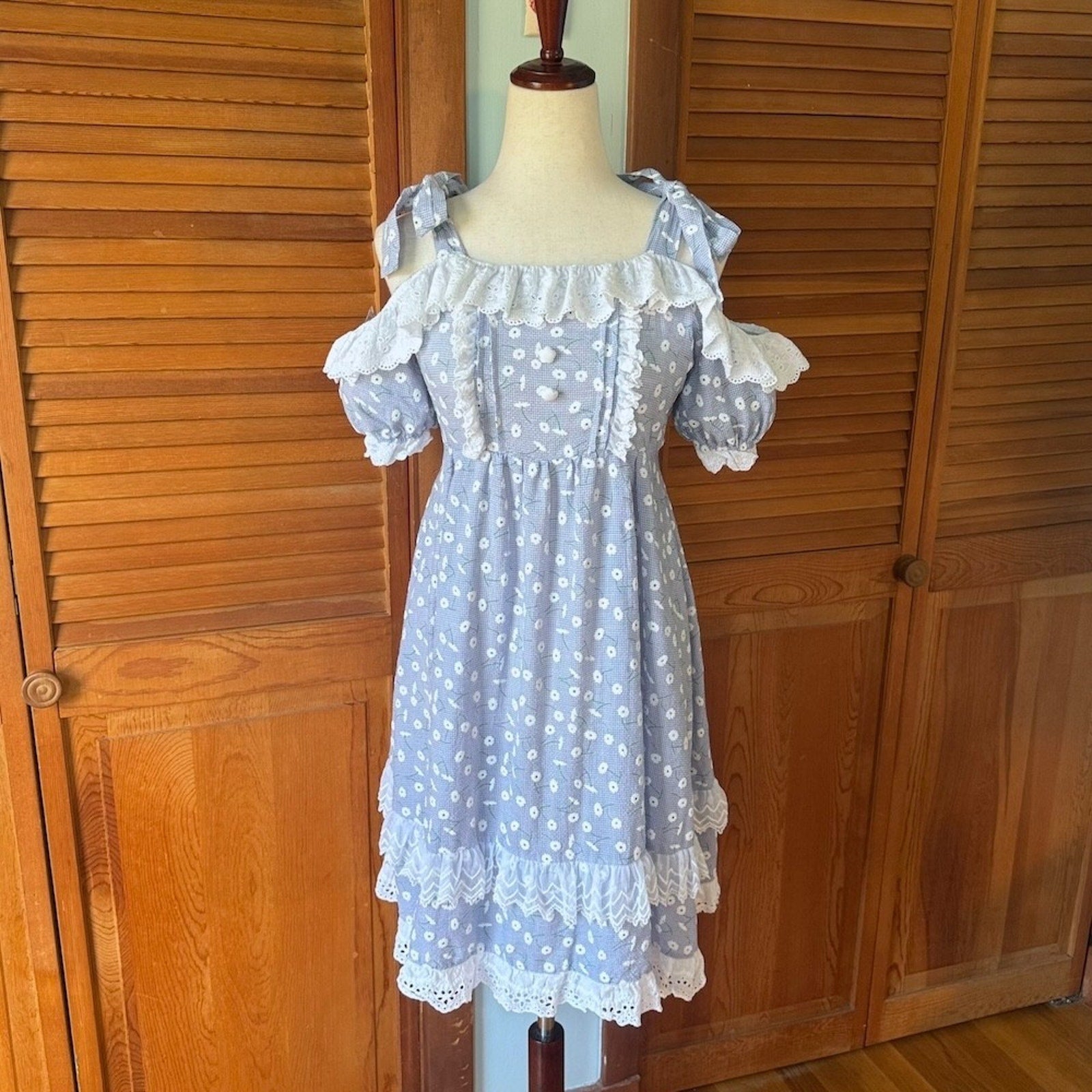 J-fashion Kawaii Lolita Cottagecore Blue White Daisy Bow Dolly Summer Dress S