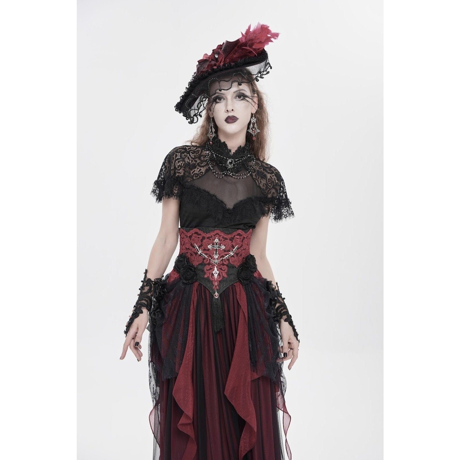 Devil Fashion Gothic Victorian Vampire Red Black Rose Cross Cincher Overskirt