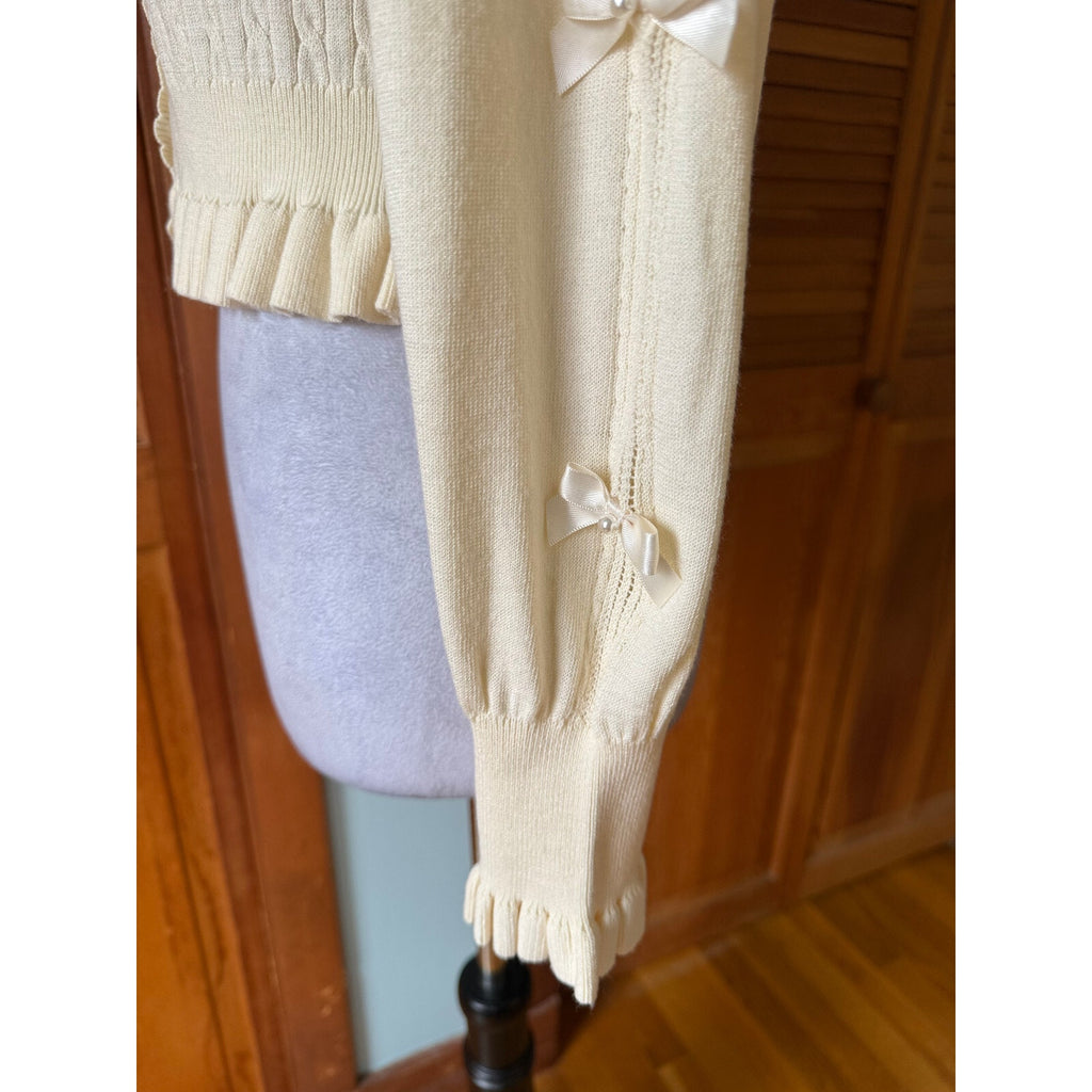 J-Fashion Axes Femme Kawaii Cottage Ivory Textured Bow Sleeve Cardigan Sweater M