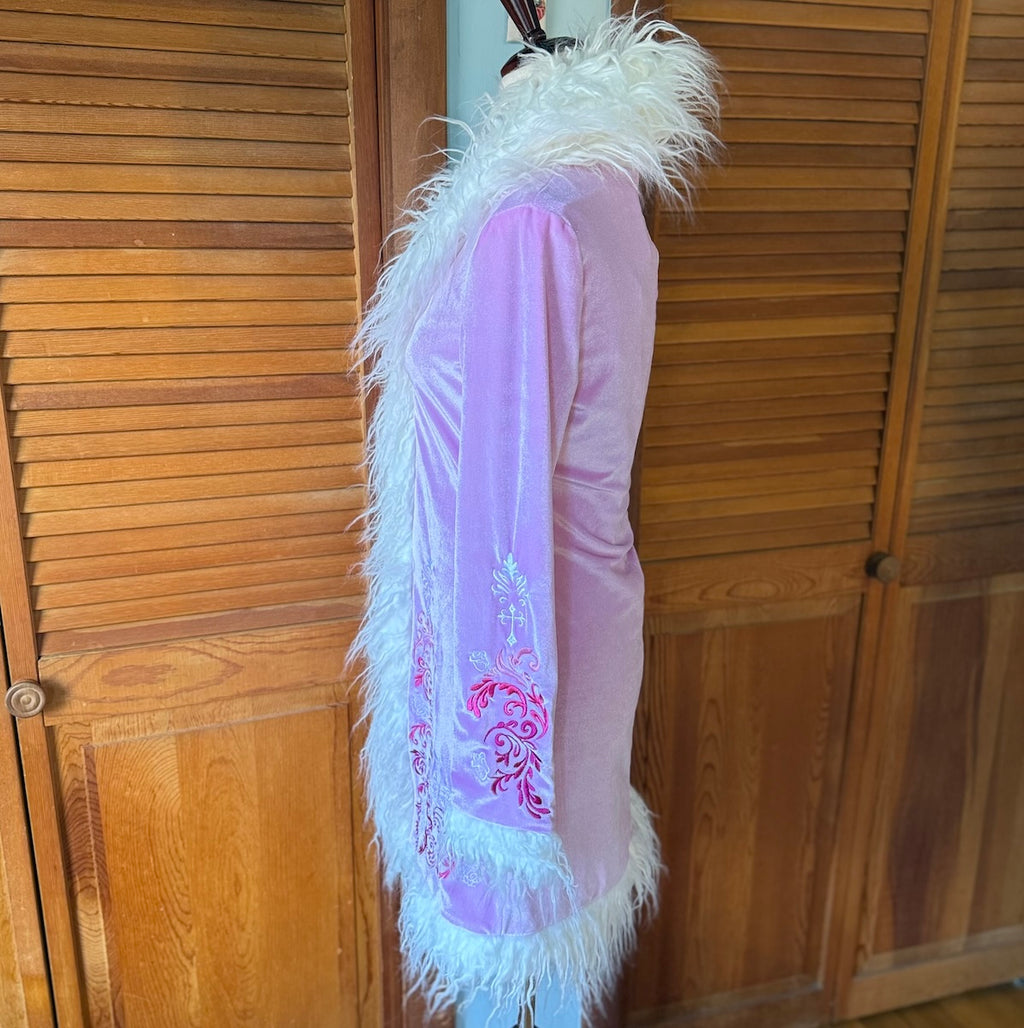 Dolls Kill Whimsigoth Victorian Dollcore Embroidered Pink Faux Fur Trim Jacket