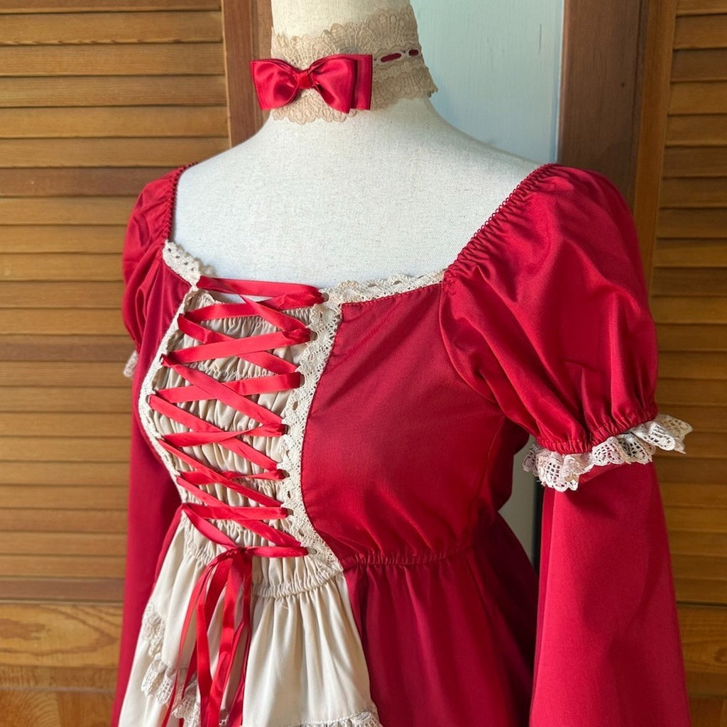 Bodyline ELG Lolita Kawaii Dollcore Red Beige Transformer Lace-Up Dress M