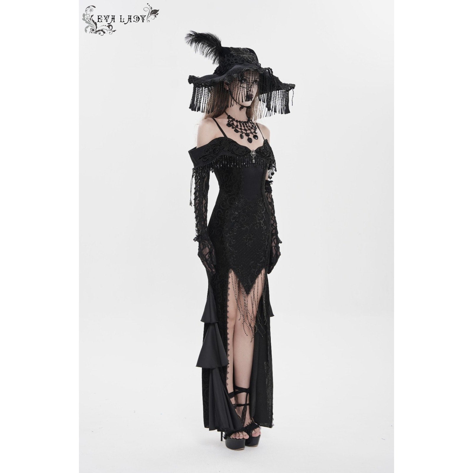 Devil Fashion Gothic Victorian 'Vampire Masquerade' Black Velvet Beaded Gown