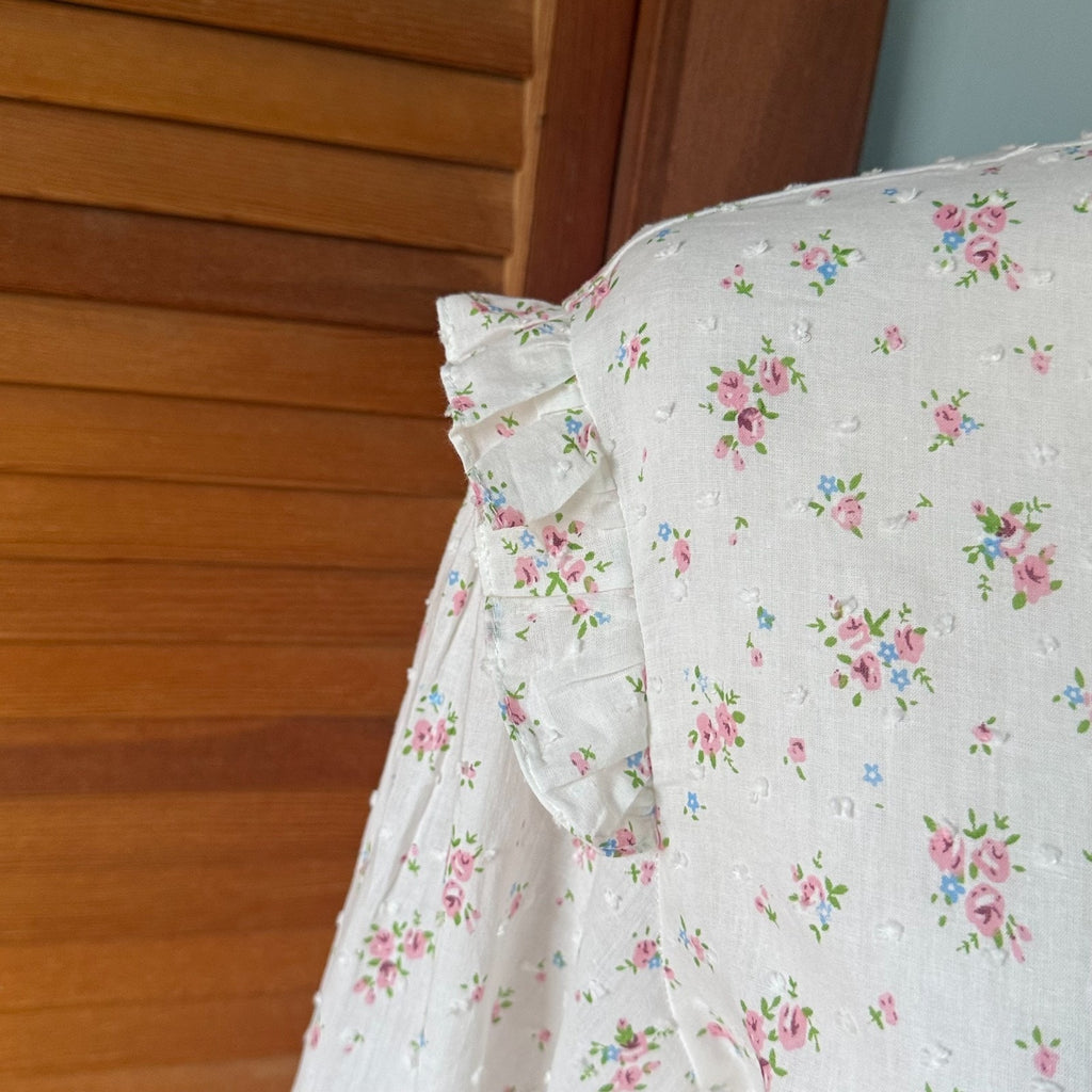 Vintage Style Romantic Victorian Whimsigoth White Cotton Pink Rose Ruffle Shirt