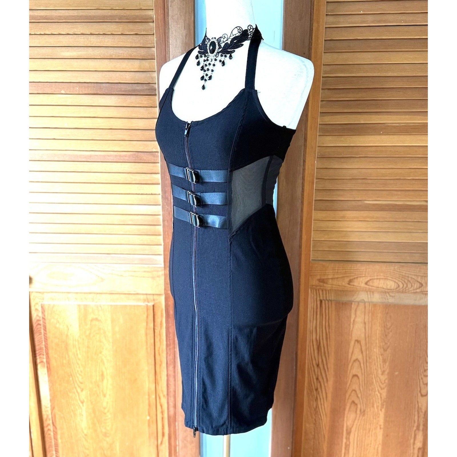 Killstar Punk Goth Cyber Pinup Y2K Buckle & Mesh Black Dress XS