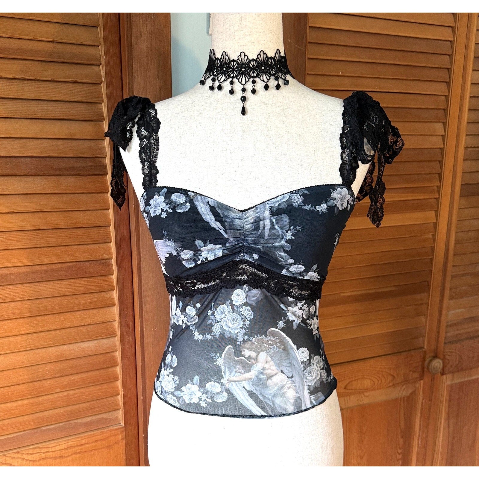 Dolls Kill Gothic Victorian Come My Sweet Angel Floral Lace Strap Cami Top