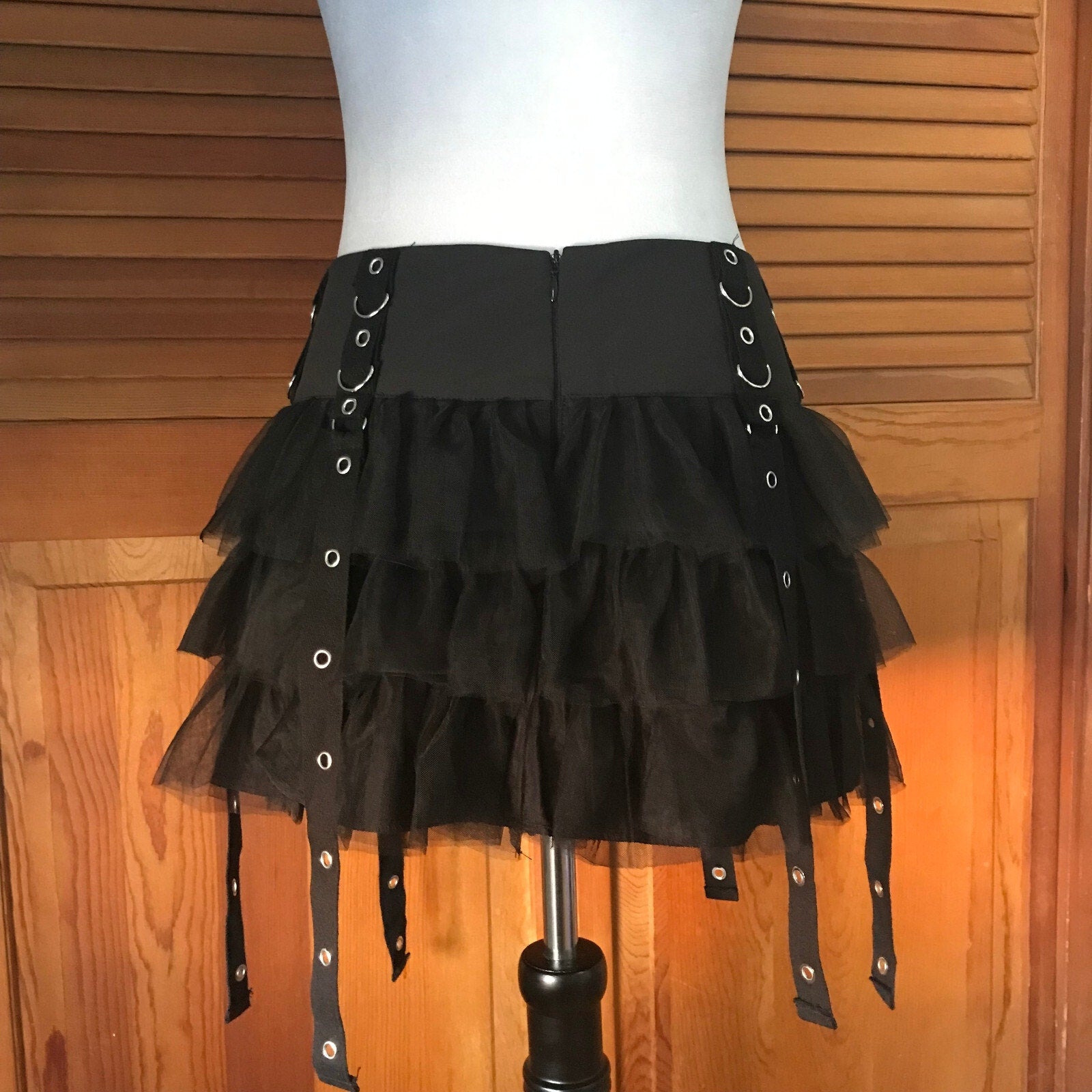 Goth Punk Visual Kei Black Buckle & Strap Ruffle Mini Skirt S