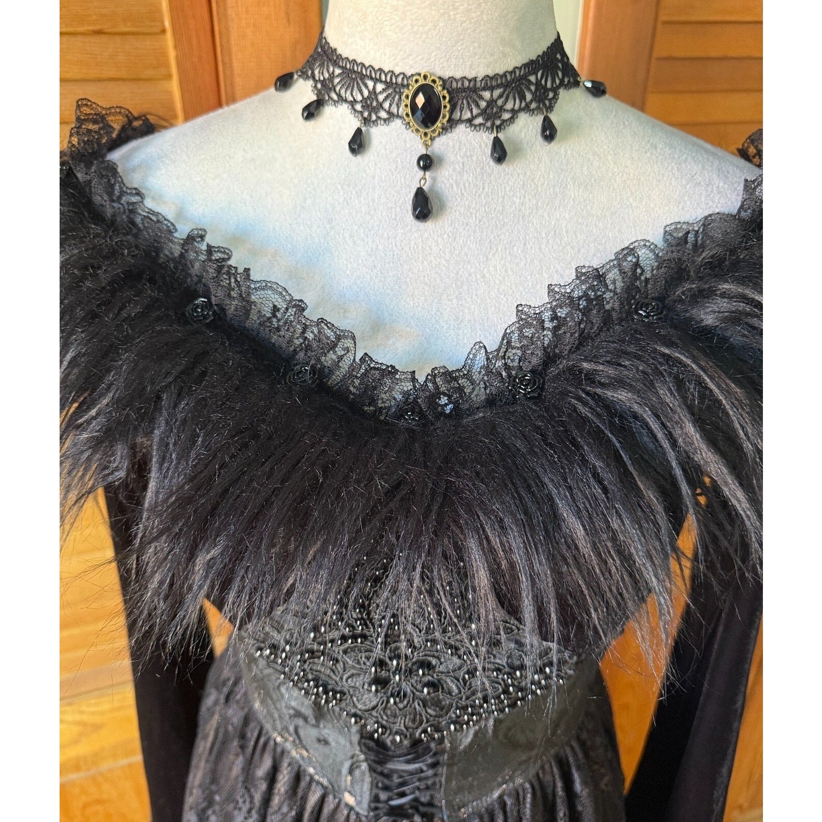 Devil Fashion Gothic Victorian The Beast Inside Black Velvet Lace & Fur Dress
