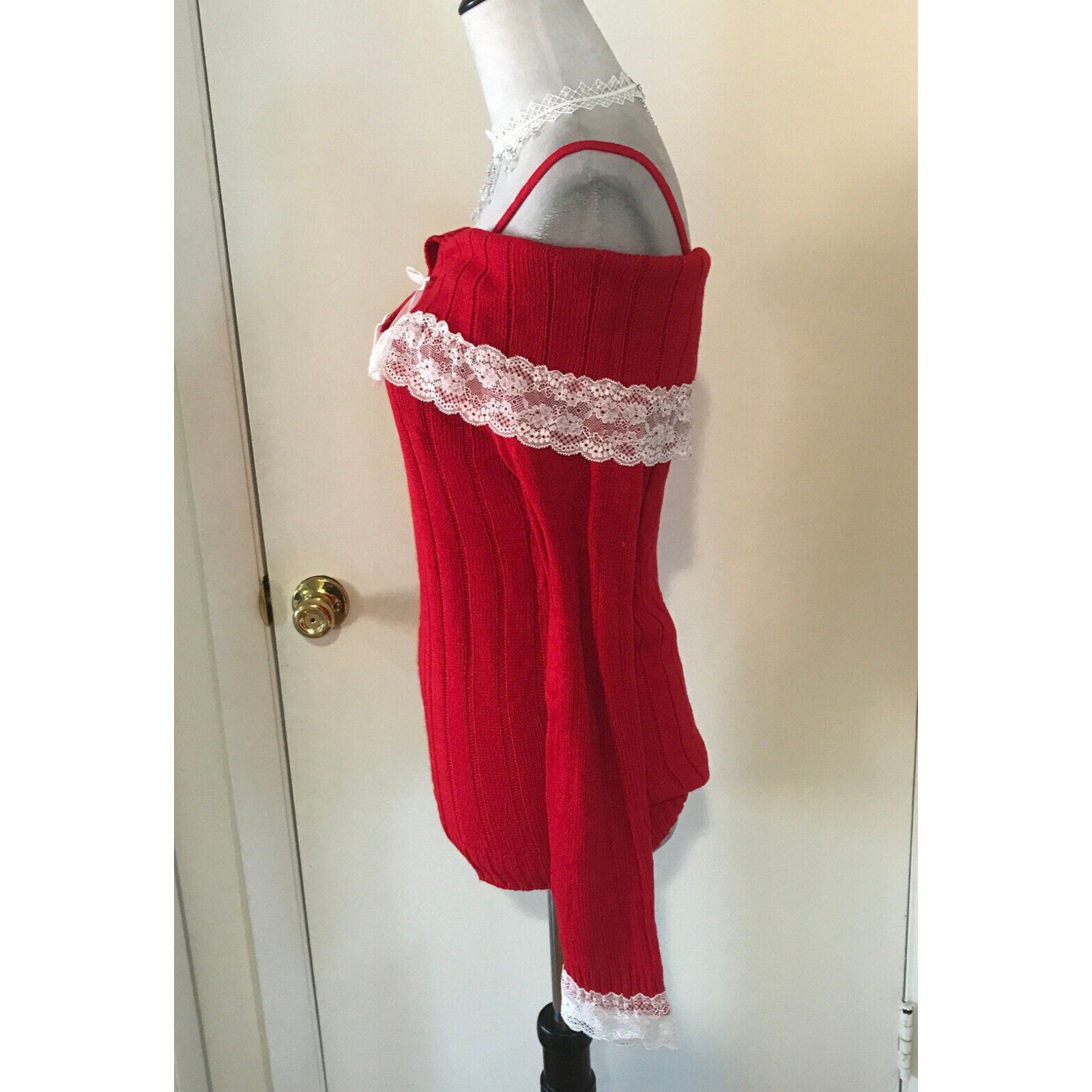 Victorian Lolita Kawaii J-fashion Red Fold-Over White Lace Sweater S