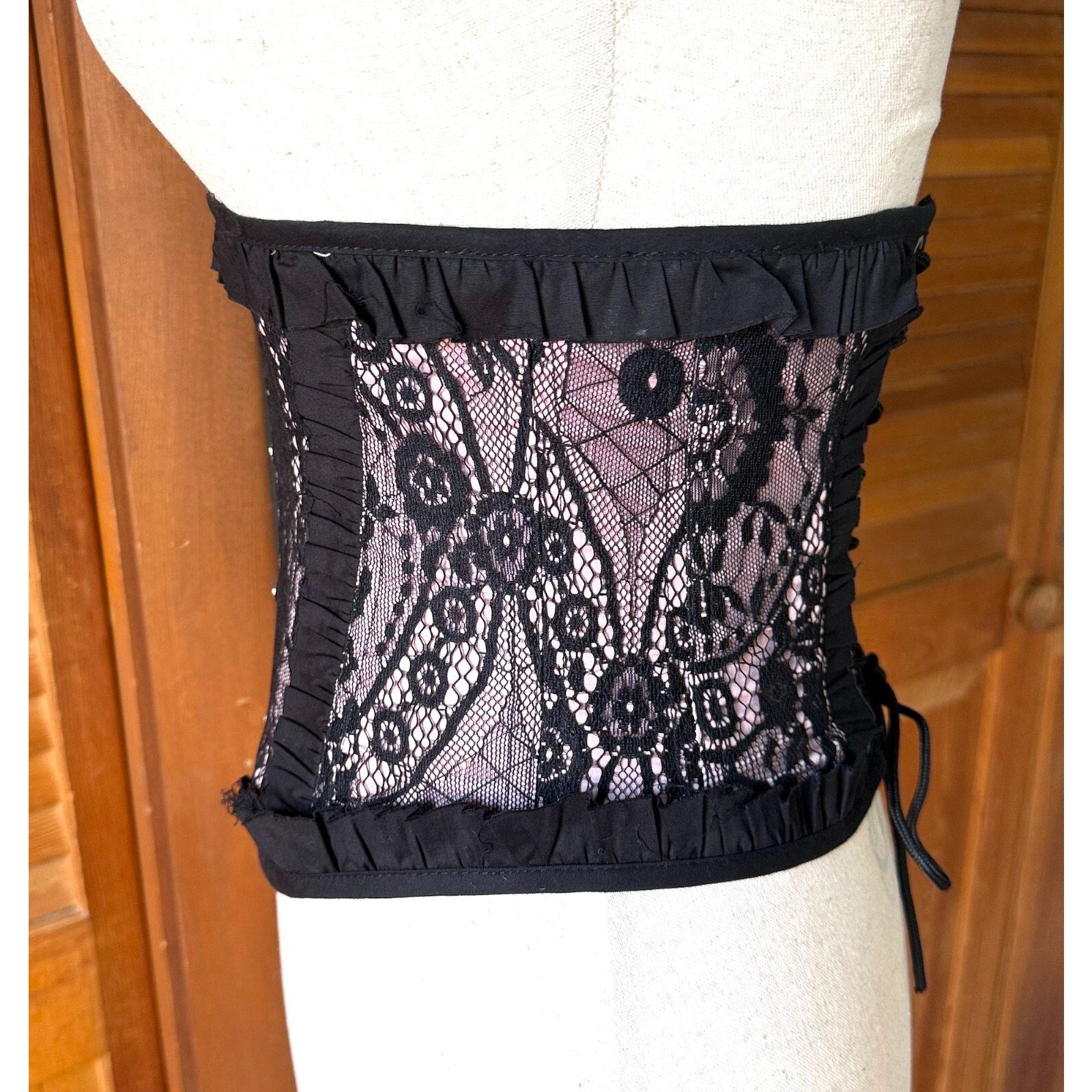 Vintage Lip Service Gothic Lolita Victorian Pink Black Lace Corset Cincher